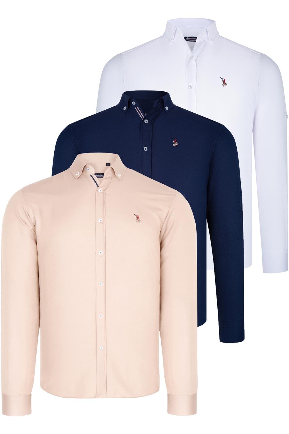 ÜÇLÜ SET G674 DEWBERRY ERKEK GÖMLEK-LACİVERT-BEYAZ-BEJ