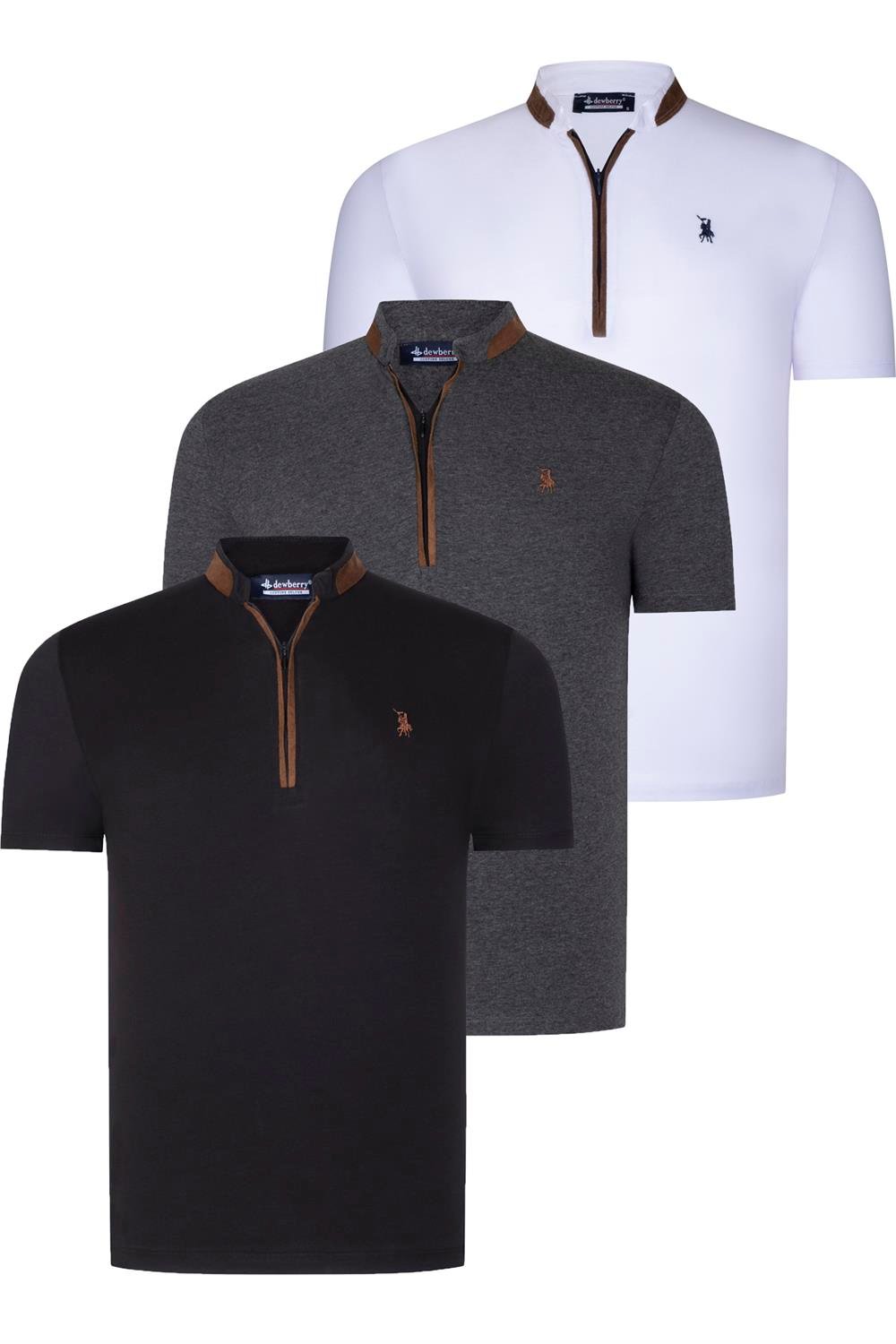 ÜÇLÜ SET T8571 DEWBERRY FERMUARLI ERKEK T-SHIRT-ANTRASİT-BEYAZ-SİYAH