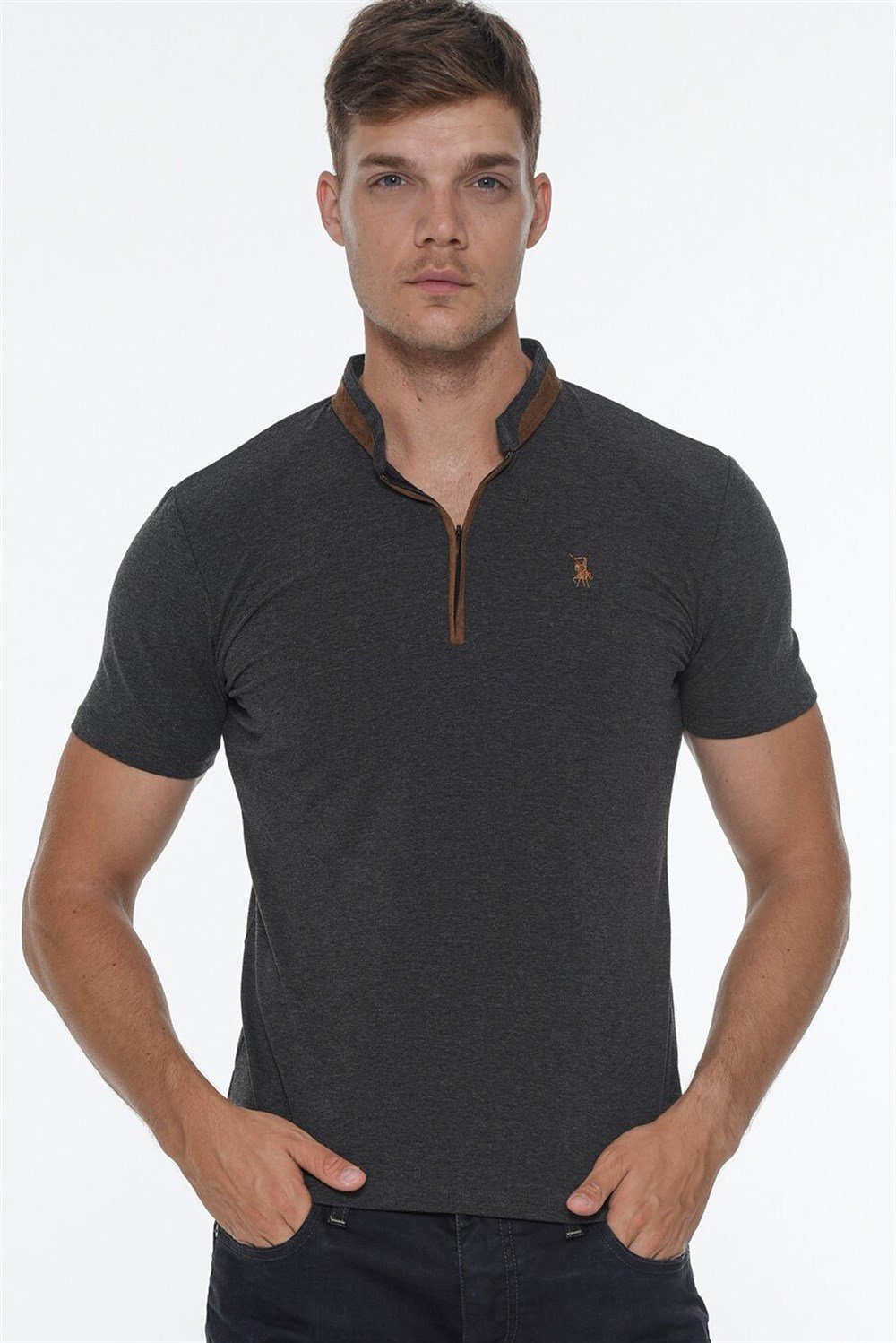 ÜÇLÜ SET T8571 DEWBERRY FERMUARLI ERKEK T-SHIRT-ANTRASİT-BEYAZ-LACİVERT