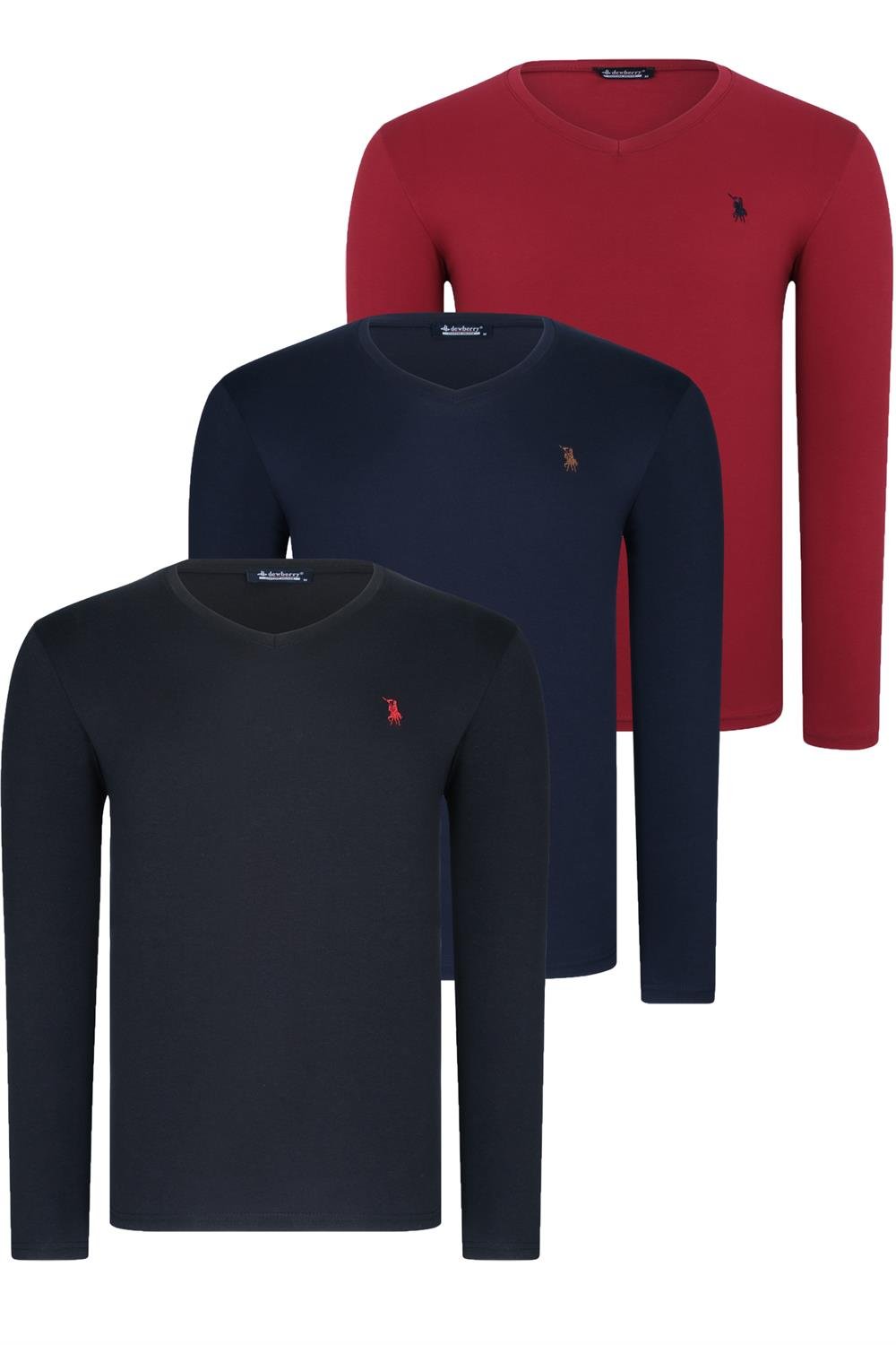 ÜÇLÜ SET T8587 DEWBERRY V YAKA ERKEK SWEATSHIRT-SİYAH-LACİVERT-BORDO