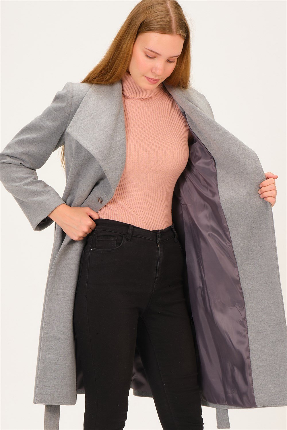 Z6639 DEWBERRY BAYAN PALTO-AÇIK GRİ
