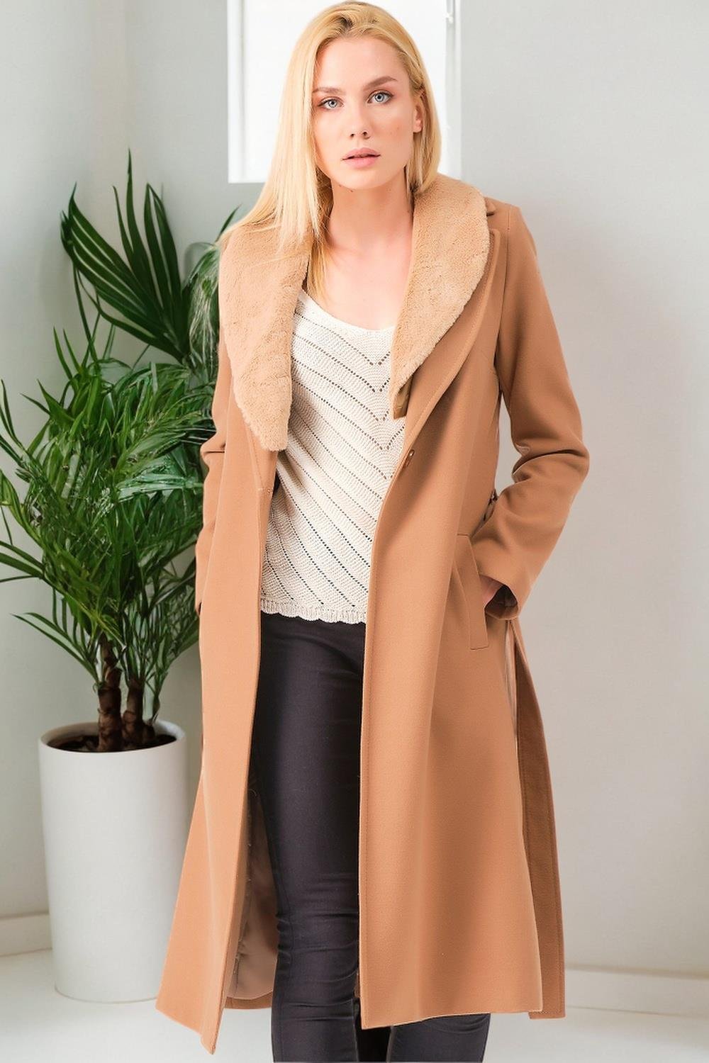 Z6671 DEWBERRY BAYAN PALTO-DÜZ CAMEL