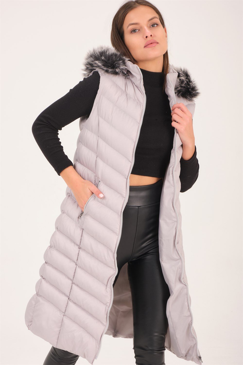 Z6684 DEWBERRY BAYAN YELEK-DÜZ GRİ