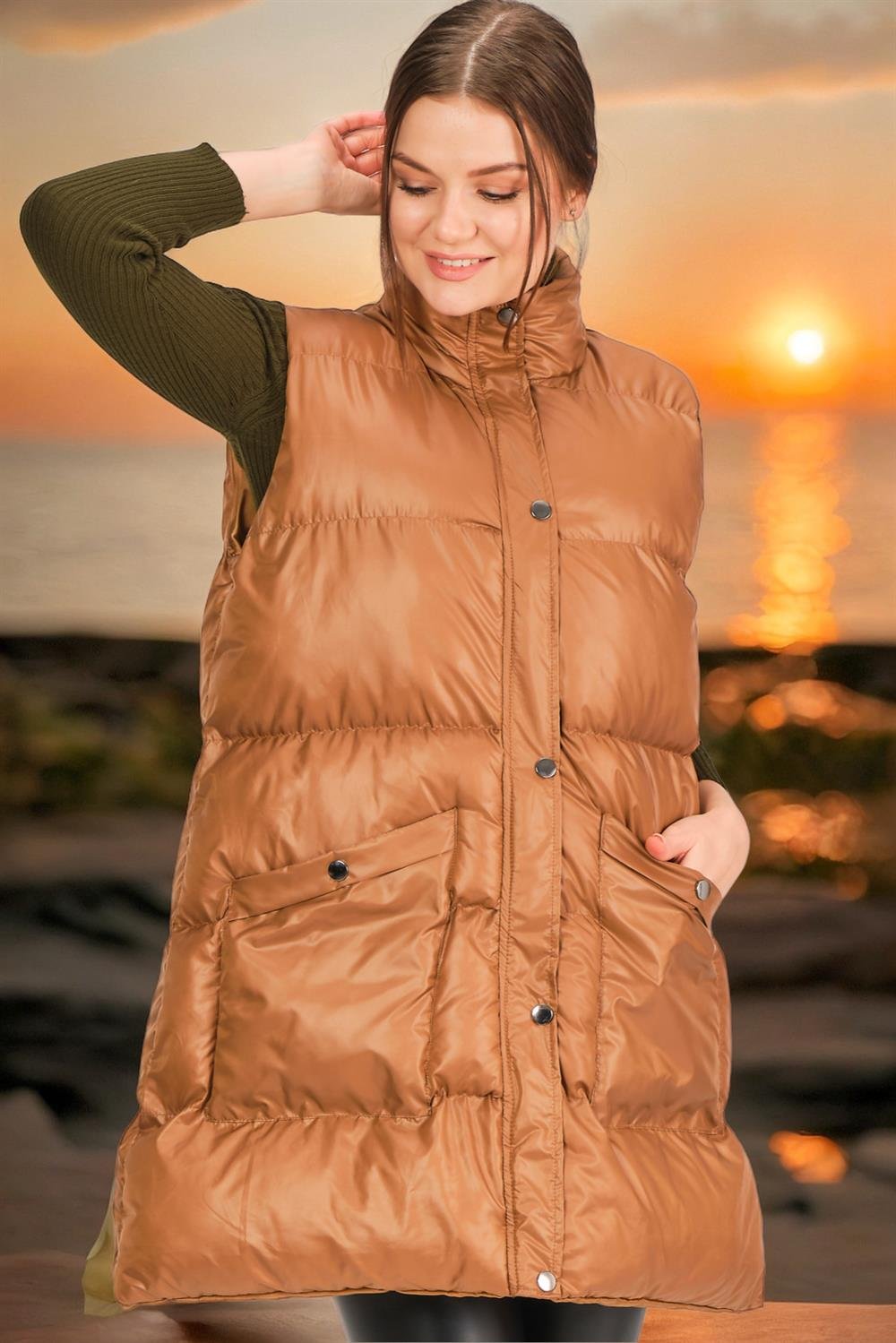 Z6729 DEWBERRY HK STYLE BAYAN YELEK-DÜZ CAMEL