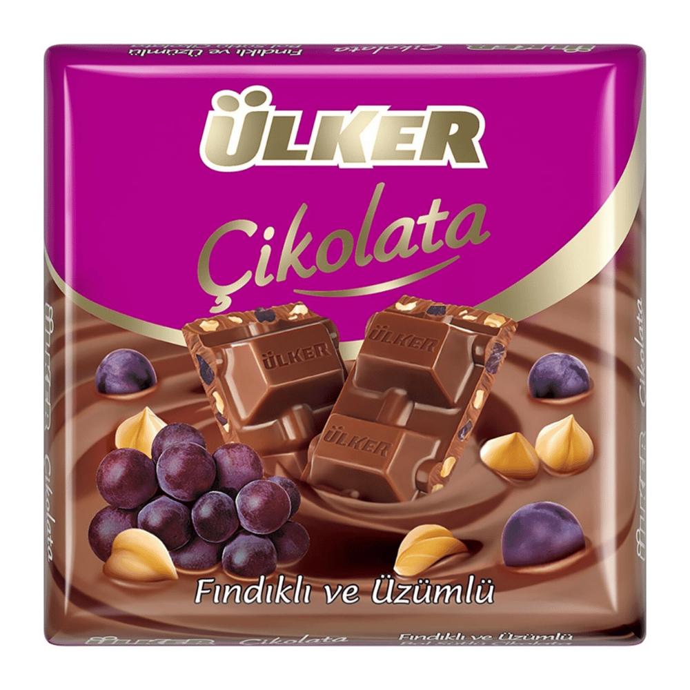 ÜLKER KARE ÇİKOLATA FINDIK VE ÜZÜMLÜ BOL SÜTLÜ 60 GRSÜTLÜ ÇİKOLATAÜLKER0145007