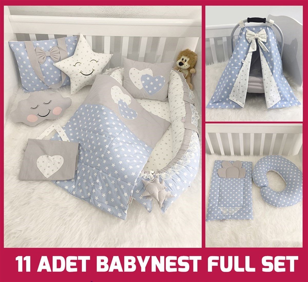 Babynest Mavi ve Gri Yıldızlı Tam Set Lüx Baby Nest