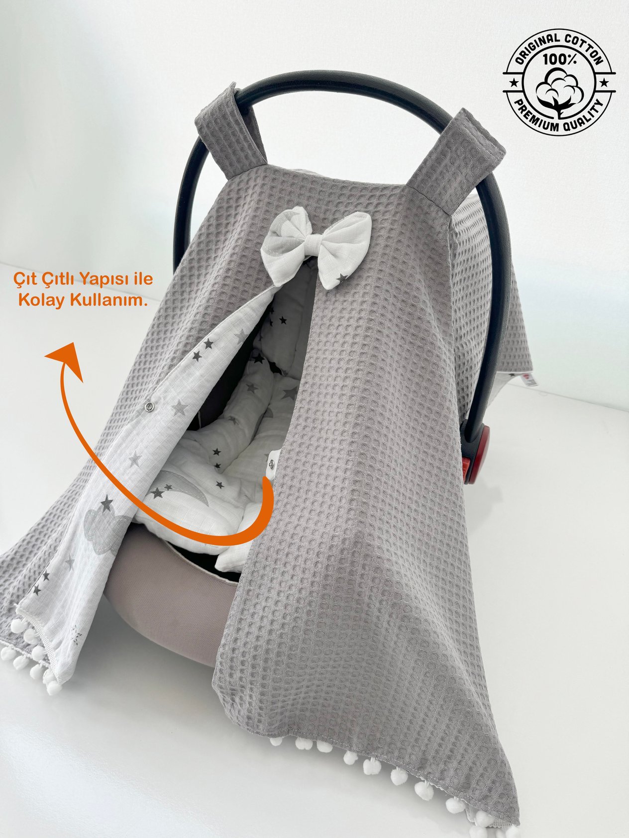 Jaju Baby %100 Pamuk Tavşan Desen Puset Örtüsü ve Minderi
