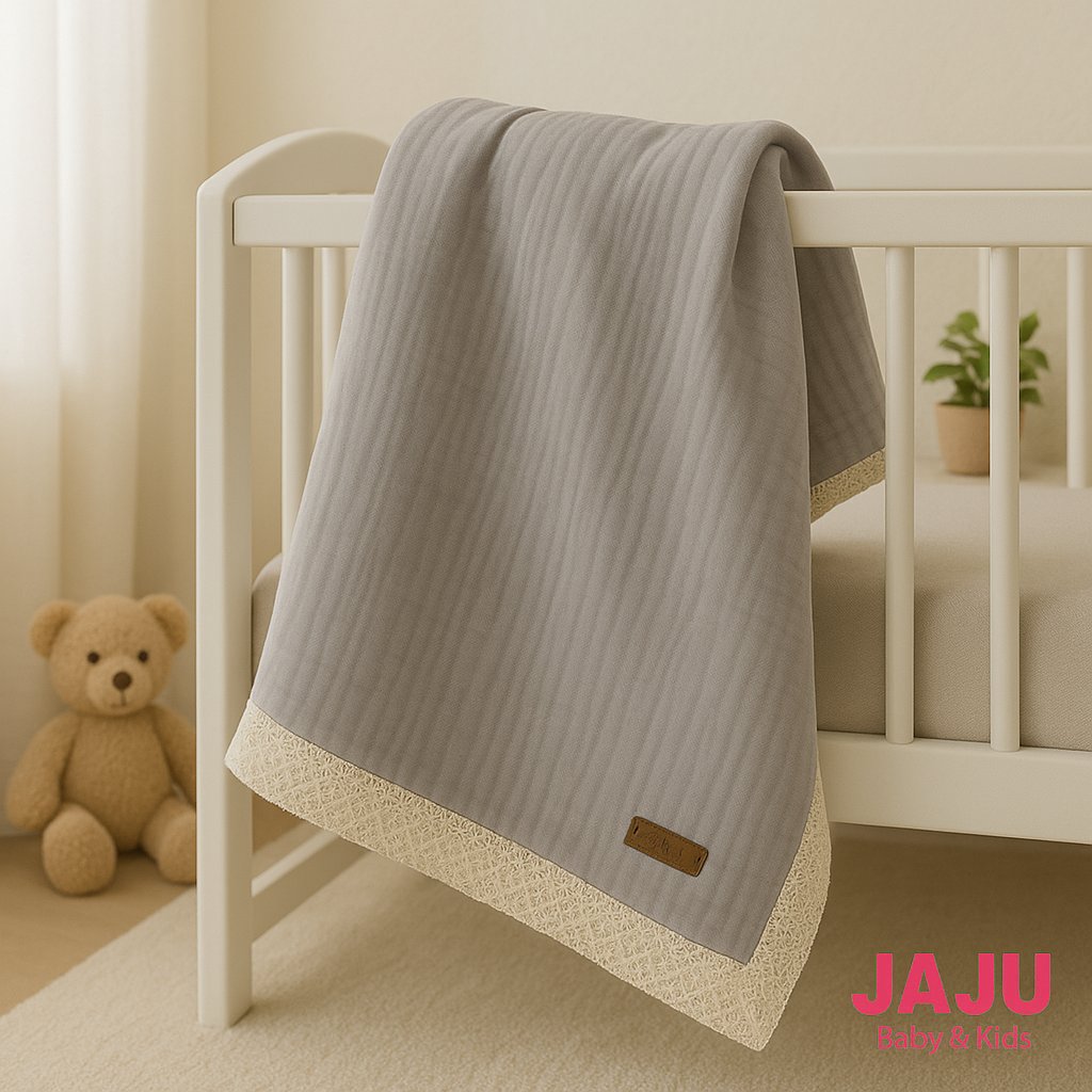 Jaju Baby 100x100 cm 4 Katlı Gri Güpürlü Müslin Battaniye Çok Amaçlı Battaniye