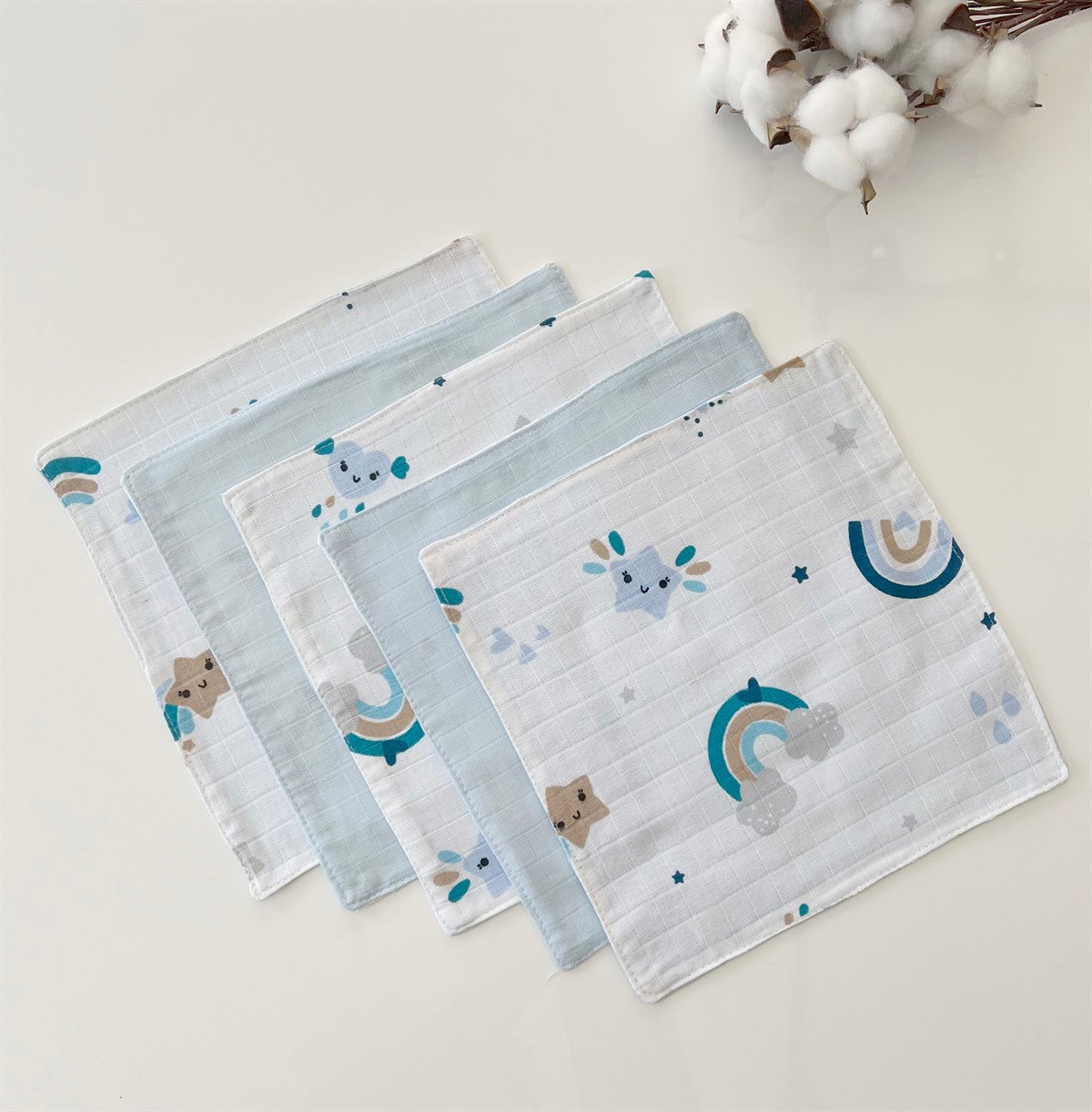 Jaju Baby 5 Adet %100 Organik Pamuk Çift Katlı Müslin Kumaş %100 Pamuk Müslin Omuz Örtüsü Ağız Mendili Sırt Mendili Mavi Gökkuşağı