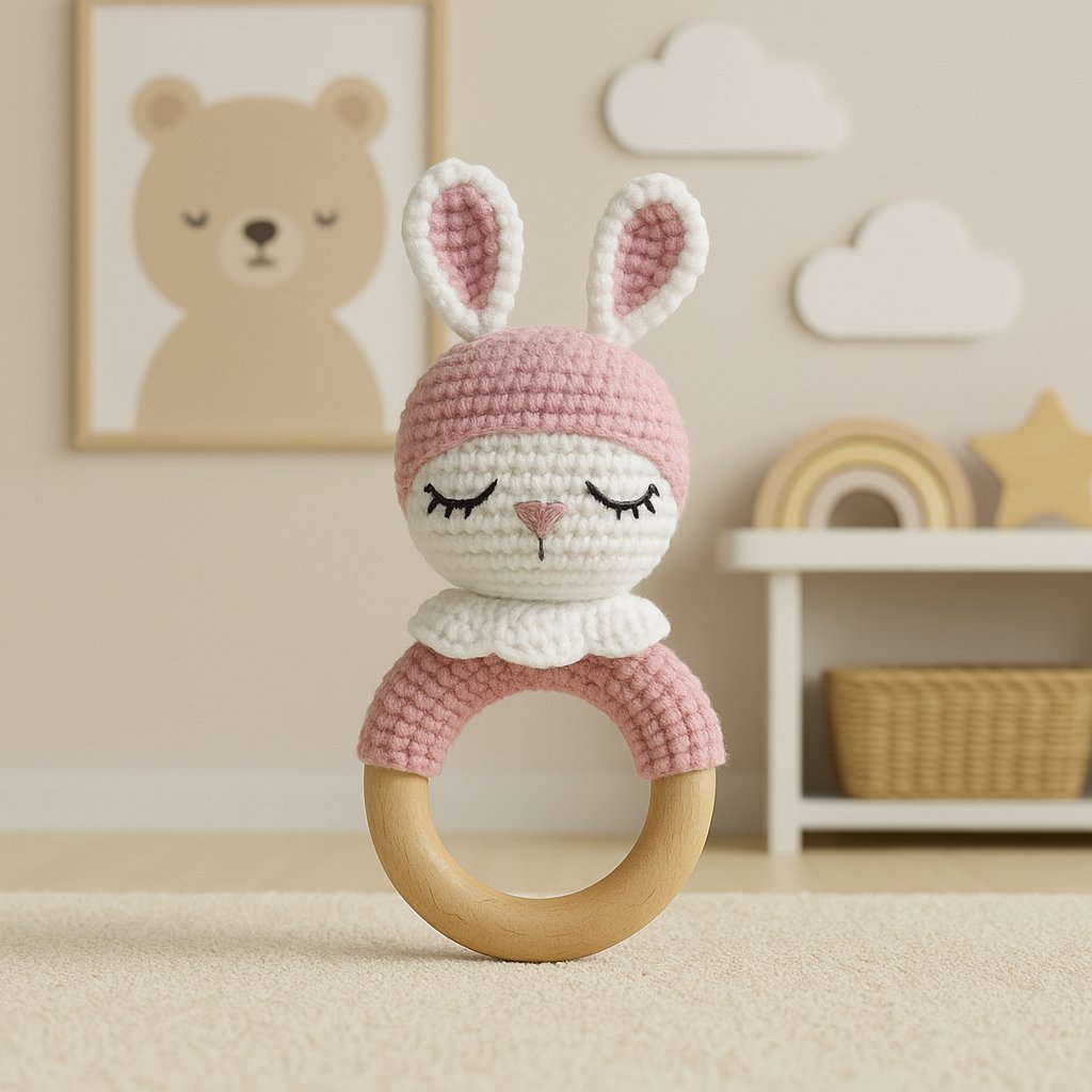Jaju Baby Amigurumi Pembe Sevimli Anten Kulaklar Diş Kaşıyıcılı Çıngırak 14 cm