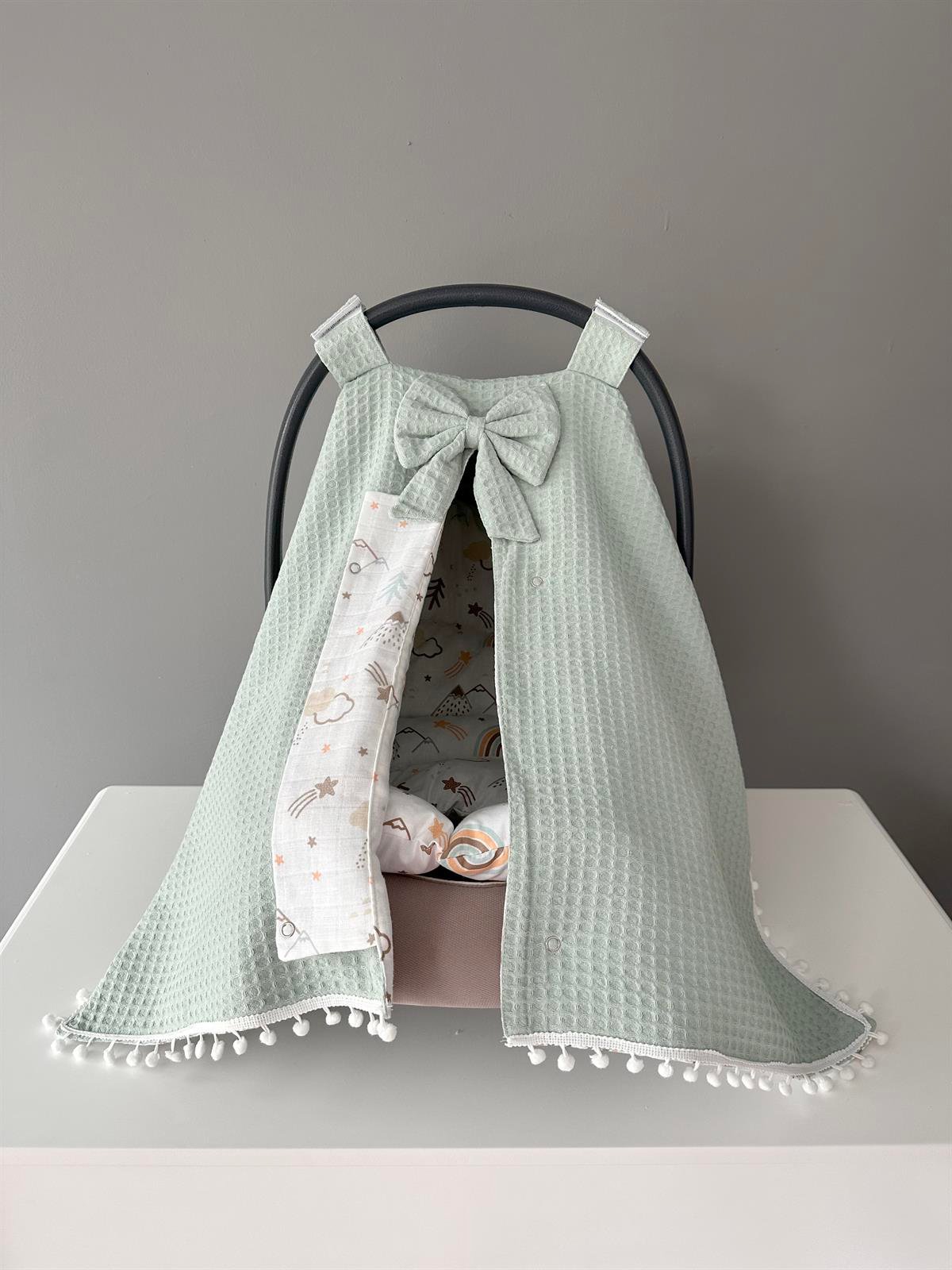 Jaju Baby Çok Amaçlı Pamuk Yeşil Pike Kumaş Puset Örtüsü ve Minderi Set