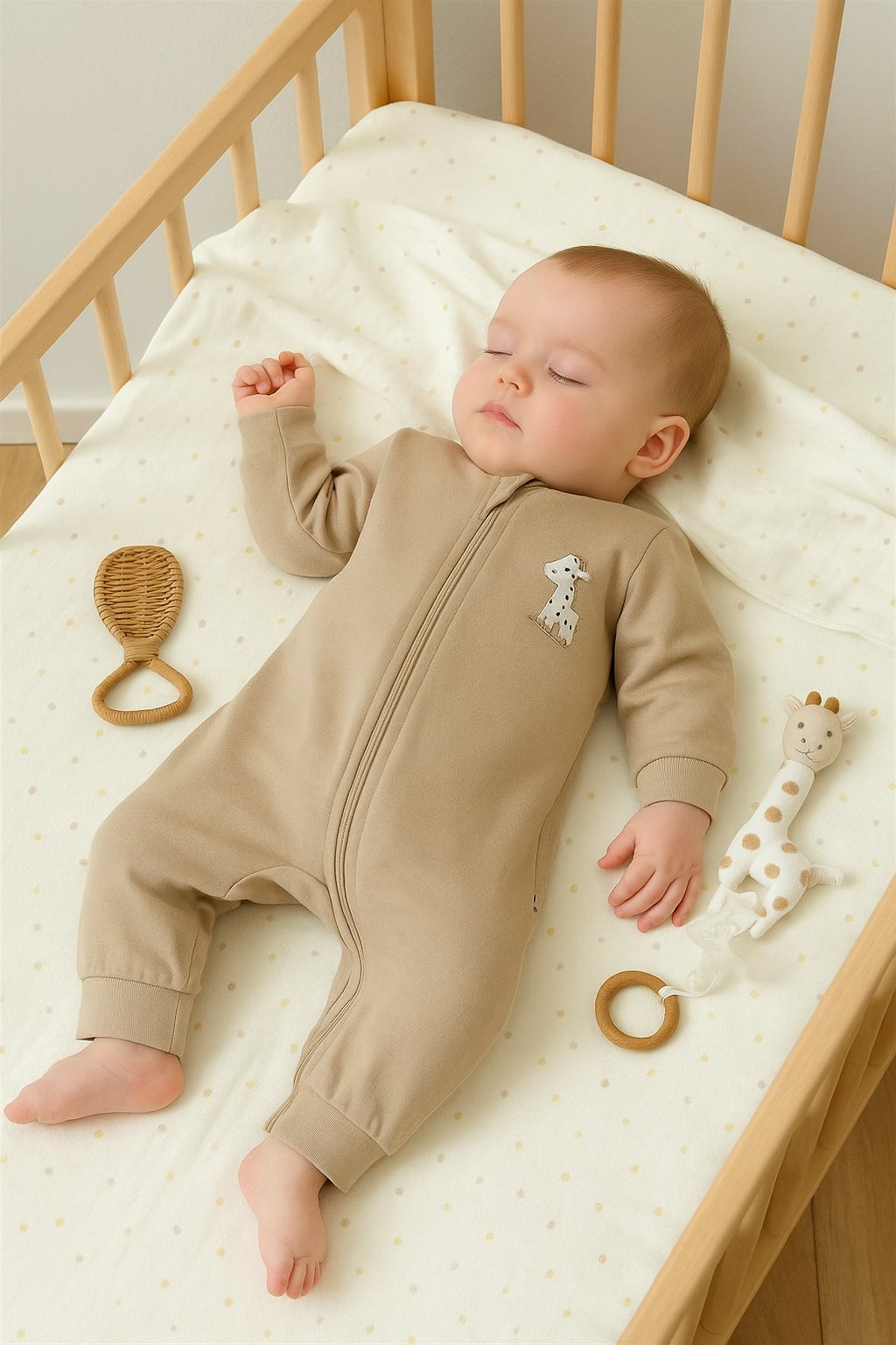 Jaju Baby Cosy Organik Kahverengi Zürafa Desen Fermuarlı Tulum