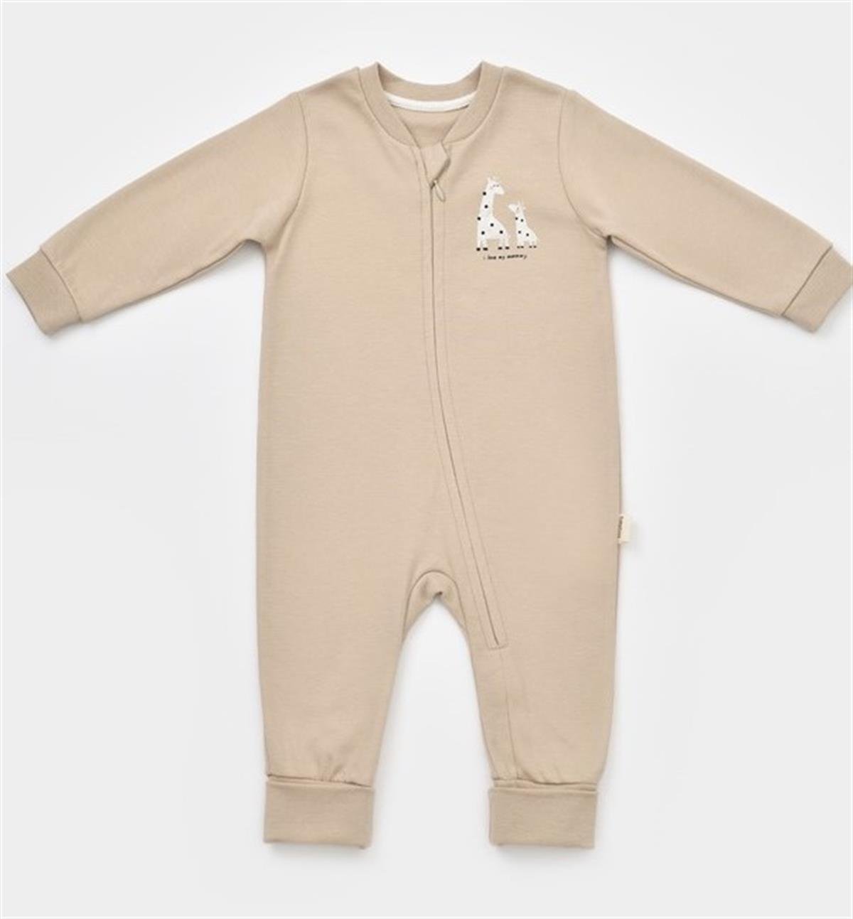 Jaju Baby Cosy Organik Kahverengi Zürafa Desen Fermuarlı Tulum