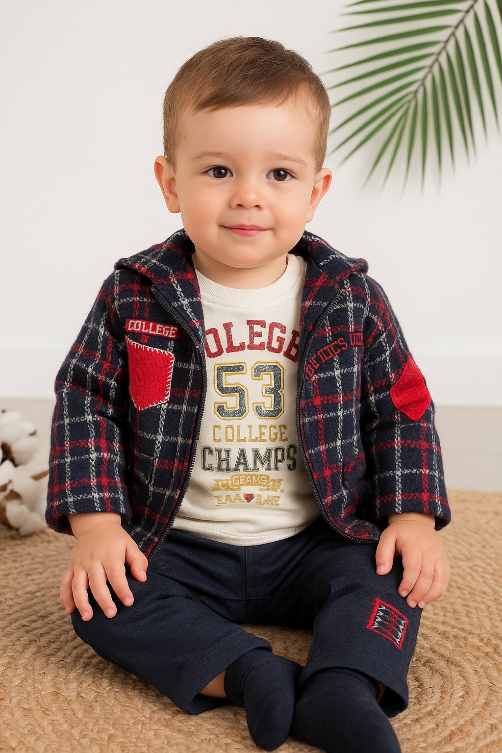 Jaju Baby Erkek Bebek Lacivert Ekoseli Ceket 3'lü Takım