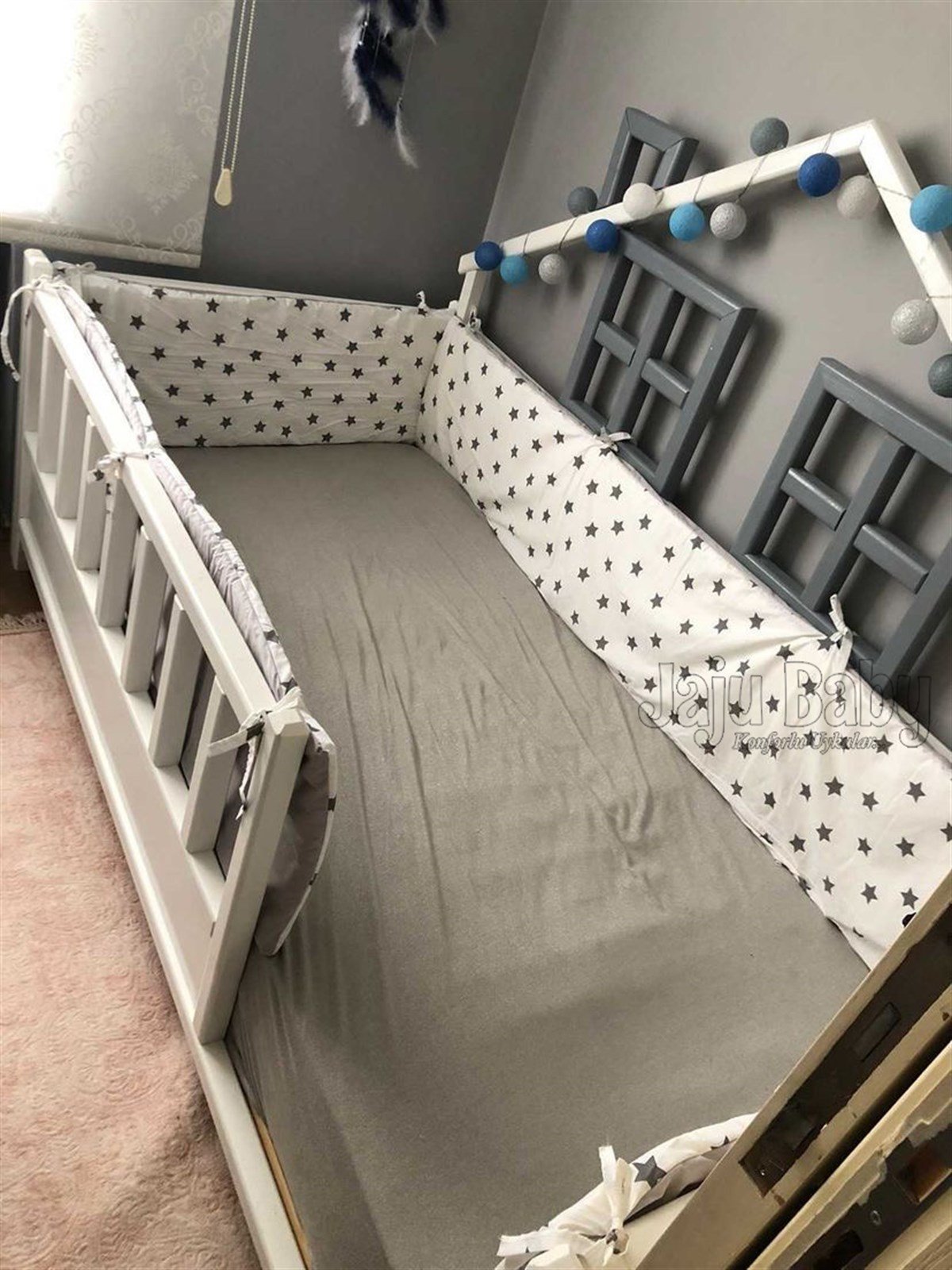 Jaju Baby Gri Yıldız Desenli Beşik Kenar Koruma Özel Ölçü