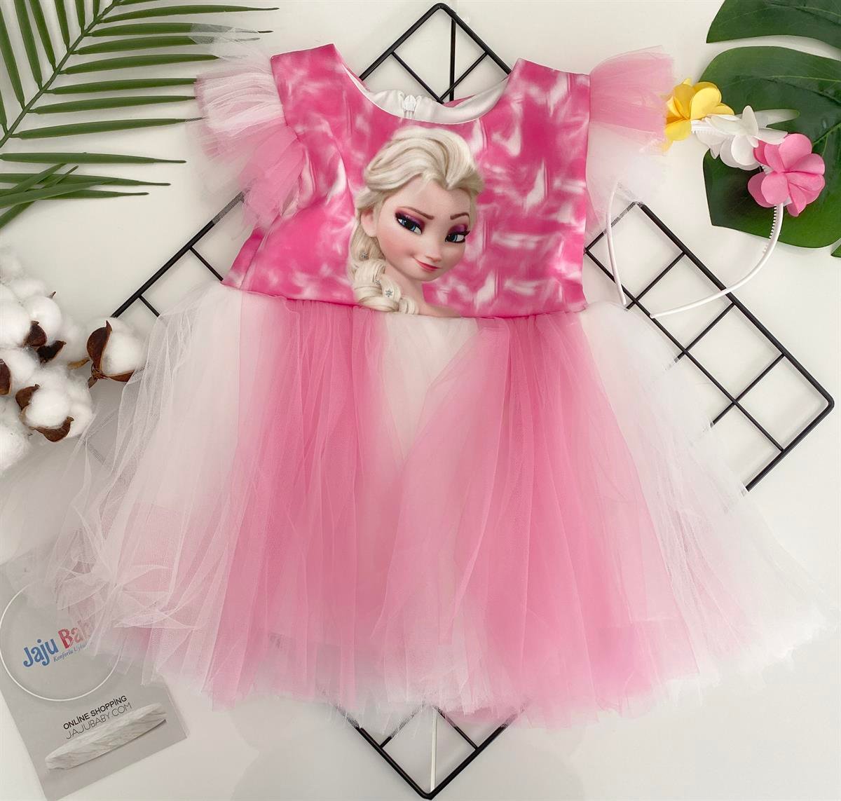 Jaju Baby Kız Çocuk Elsa Pembe Tüllü Elbise Ve Taç