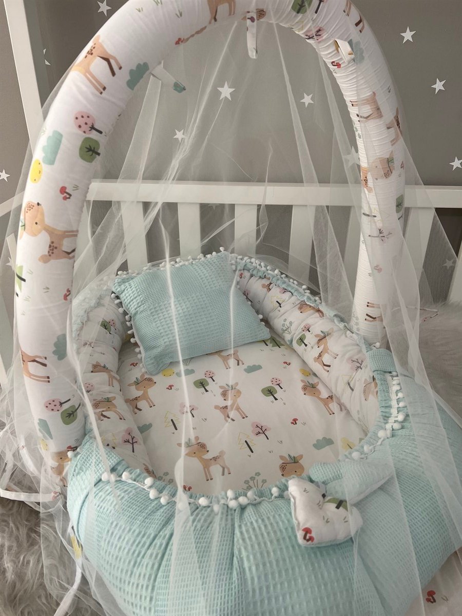 Jaju Baby Mavi Wafle Pike Kumaş Ceylan Tasarım Ponponlu Oyuncak Aparat ve Tül Babynest Set 