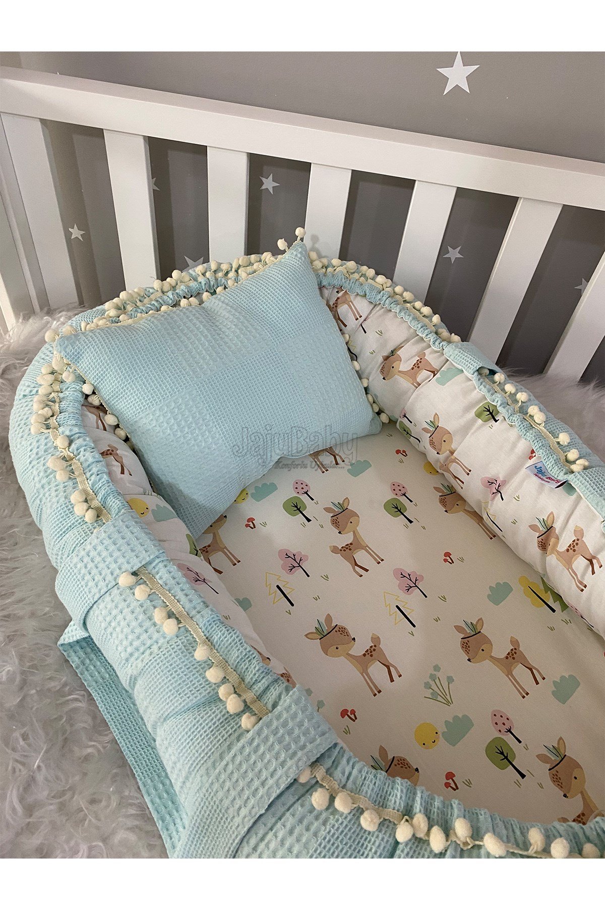 Jaju Baby Mavi Wafle Pike Kumaş Geyik Tasarım Ponponlu Babynest