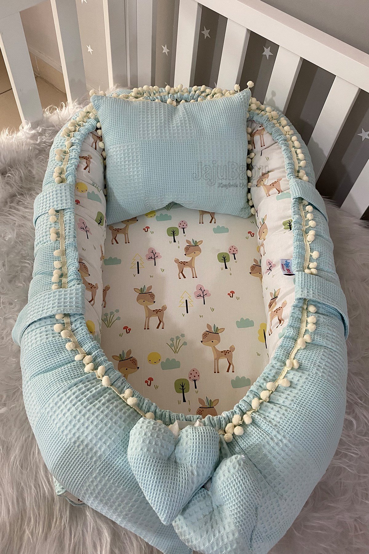 Jaju Baby Mavi Wafle Pike Kumaş Geyik Tasarım Ponponlu Babynest