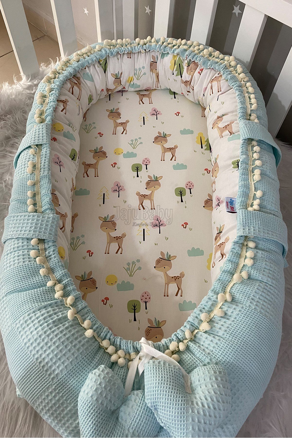 Jaju Baby Mavi Wafle Pike Kumaş Geyik Tasarım Ponponlu Babynest