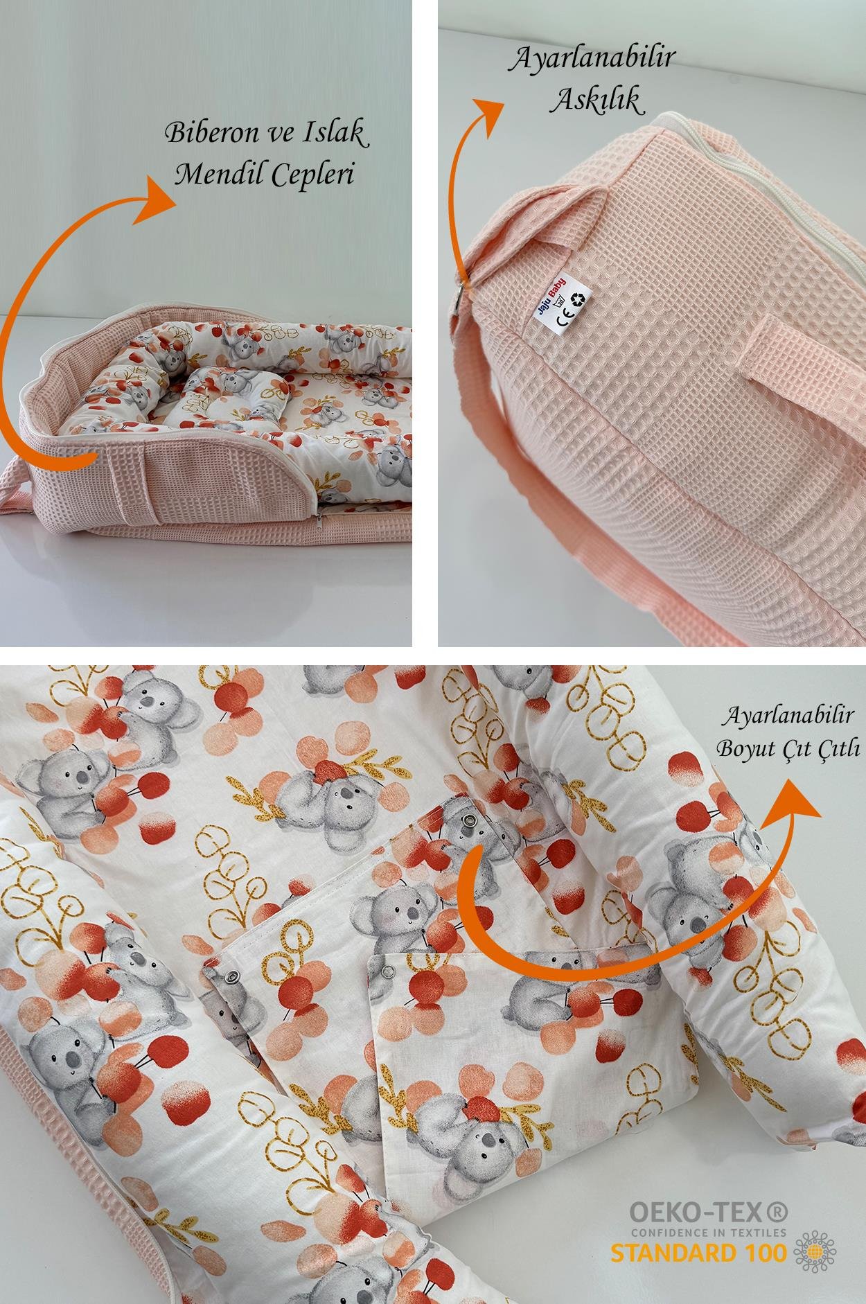 Jaju Baby Nest Çantalı Babynest Taşınabilir Anne Yanı Sevimli Hayvan Somon Pike Babynest