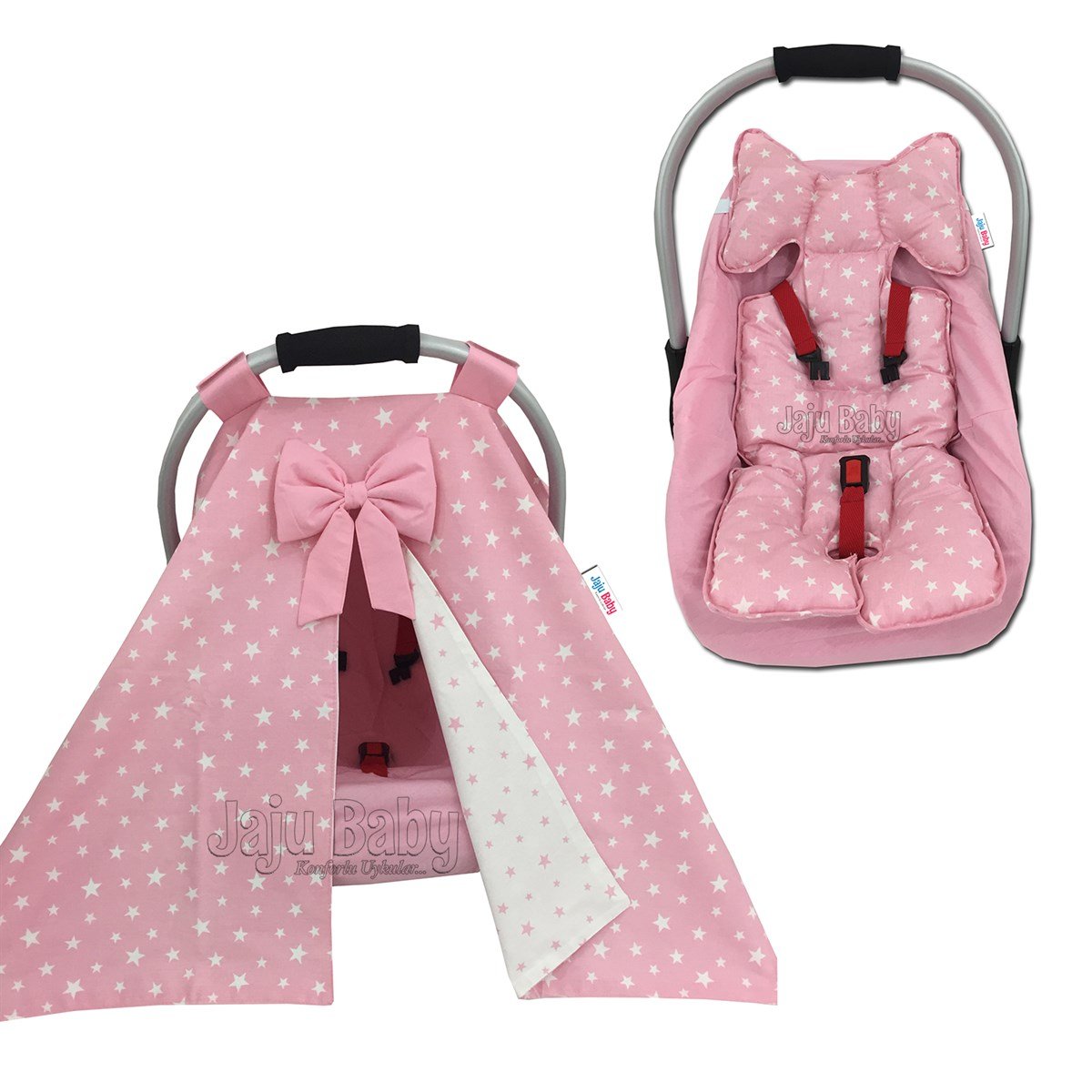 Jaju Baby Pembe Puset Örtüsü Çarşaf ve Puset Minderi 3'lü Set