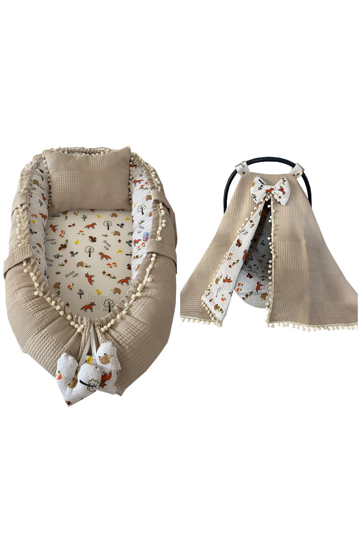 Jaju Baby Pike Kumaş ve Müslin Kumaş Tilki Tasarım Ponponlu Babynest ve Puset Örtüsü Set