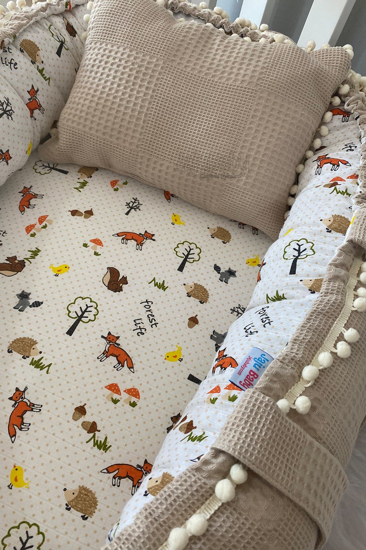 Jaju Baby Pike Kumaş ve Müslin Kumaş Tilki Tasarım Ponponlu Babynest