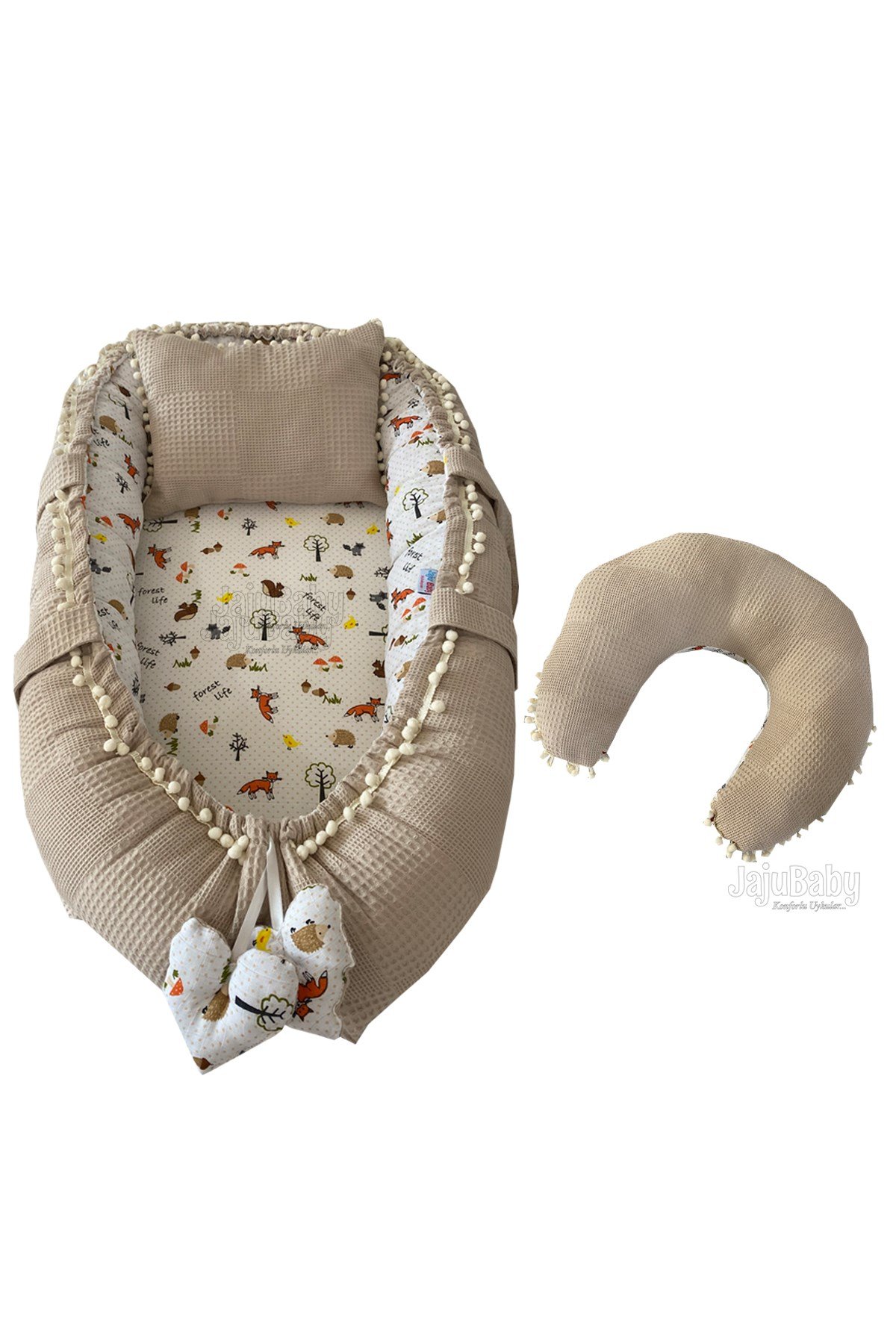 Jaju Baby Pike Kumaş ve Müslin Kumaş Tilki Tasarım Ponponlu 3'lü Babynest Set