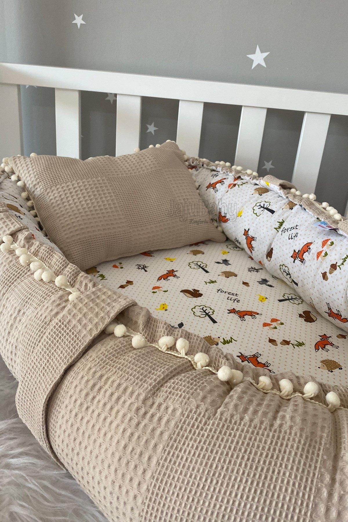 Jaju Baby Pike Kumaş ve Müslin Kumaş Tilki Tasarım Ponponlu Babynest