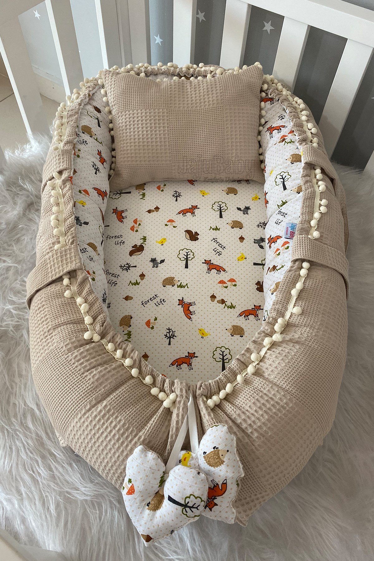 Jaju Baby Pike Kumaş ve Müslin Kumaş Tilki Tasarım Ponponlu Babynest