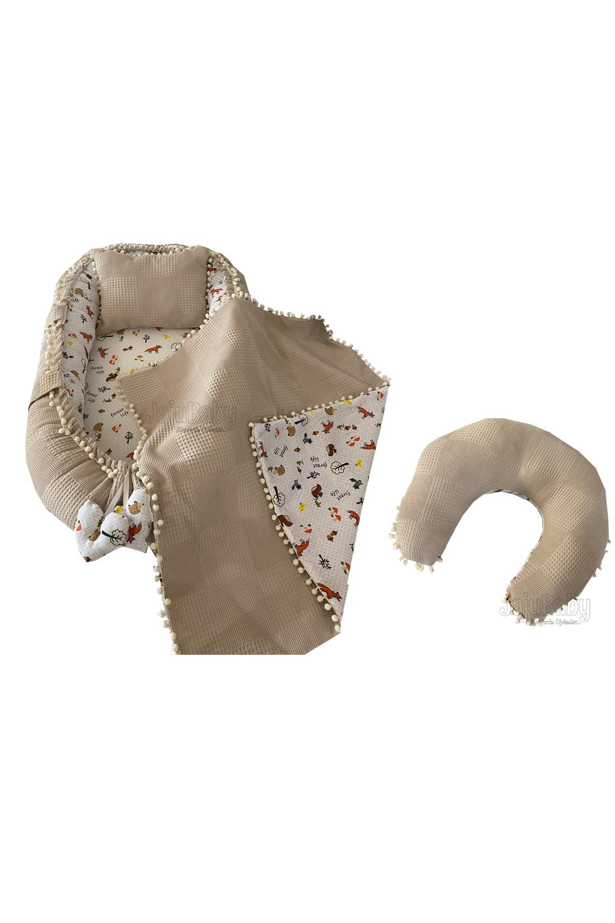 Jaju Baby Pike Kumaş ve Müslin Kumaş Tilki Tasarım Ponponlu 4'lü Babynest Set