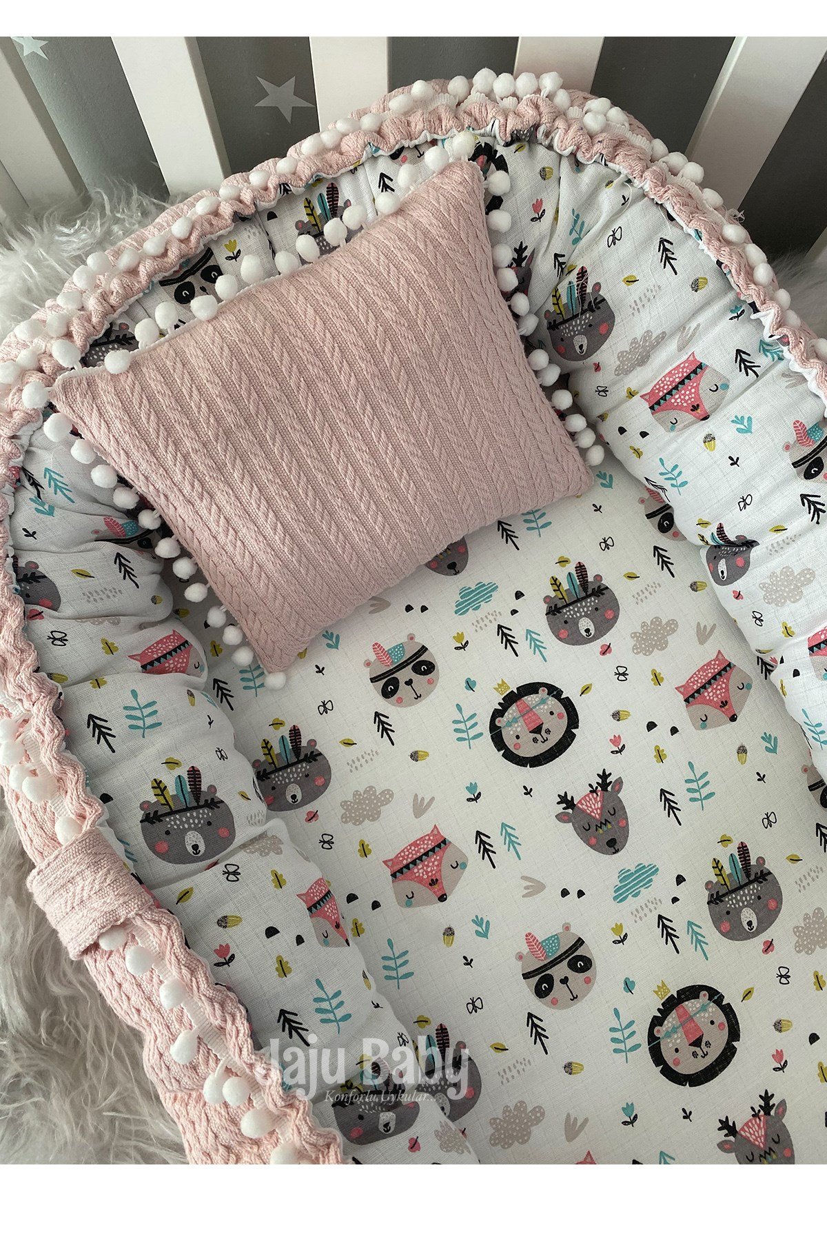 Jaju Baby Pudra Örgü Kumaş ve Müslin Kumaş Ponponlu Babynest