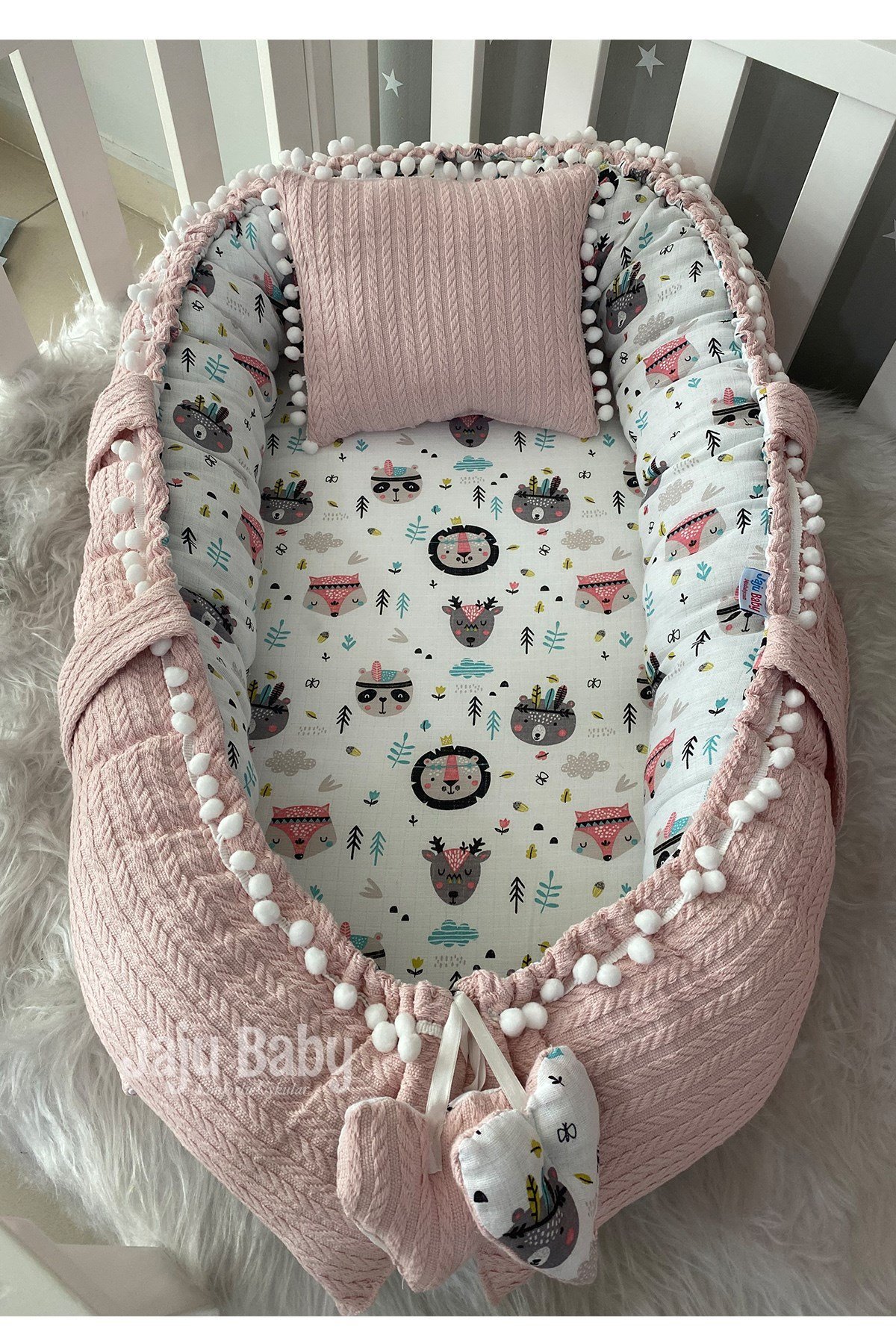 Jaju Baby Pudra Örgü Kumaş ve Müslin Kumaş Ponponlu Babynest