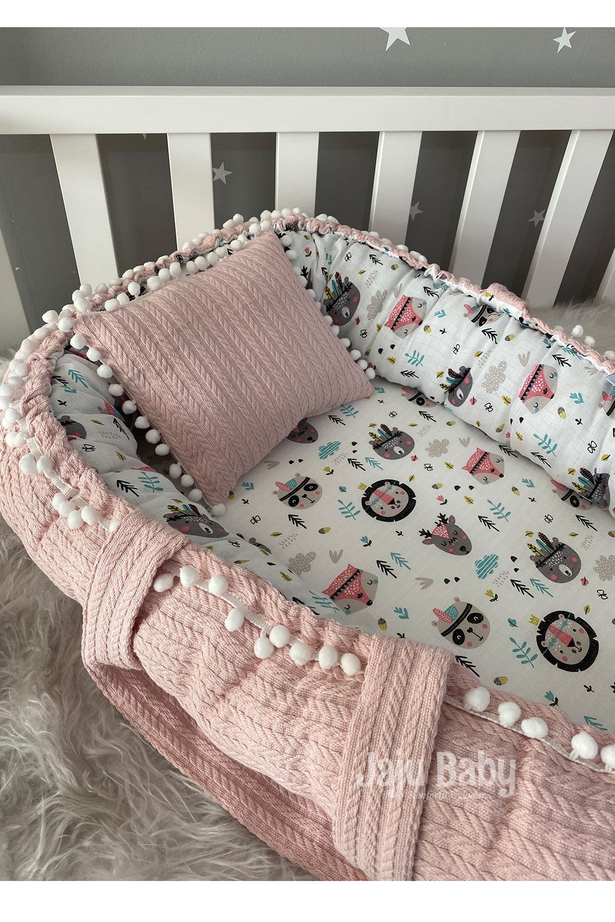 Jaju Baby Pudra Örgü Kumaş ve Müslin Kumaş Ponponlu Babynest
