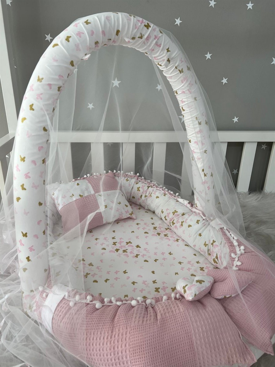 Jaju Baby Pudra Wafle Pike Kumaş Ceylan Tasarım Ponponlu Oyuncak Aparat ve Tül Babynest Set 
