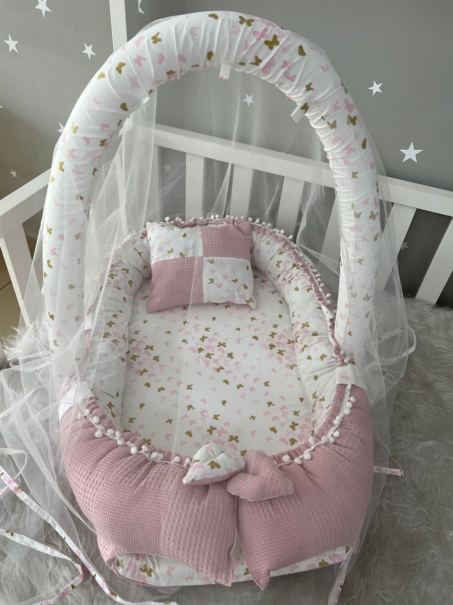 Jaju Baby Pudra Wafle Pike Kumaş Ceylan Tasarım Ponponlu Oyuncak Aparat ve Tül Babynest Set 