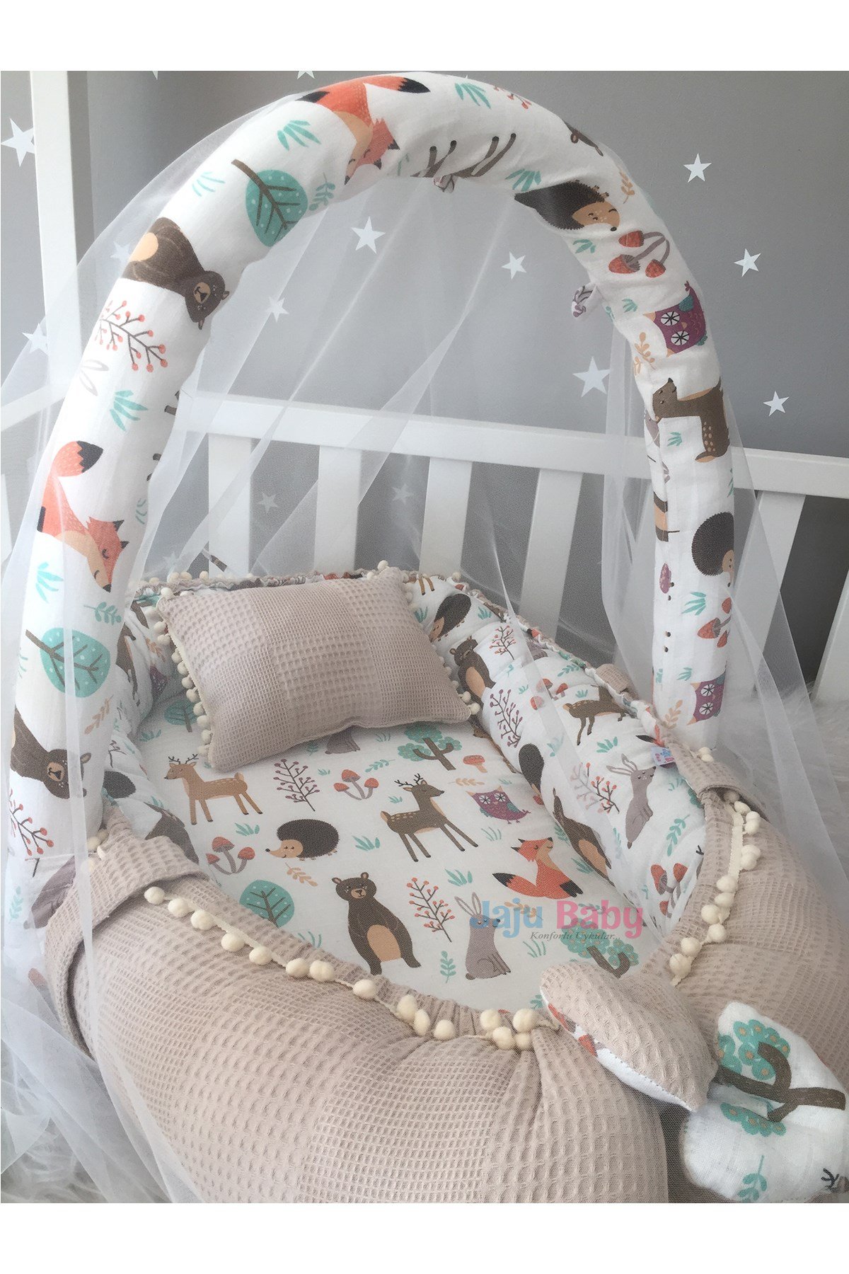 Jaju Baby Waffle Pike Kumaş ve Orman Müslin Kumaş Ponponlu Babynest Oyuncak Aparat ve Tül Set