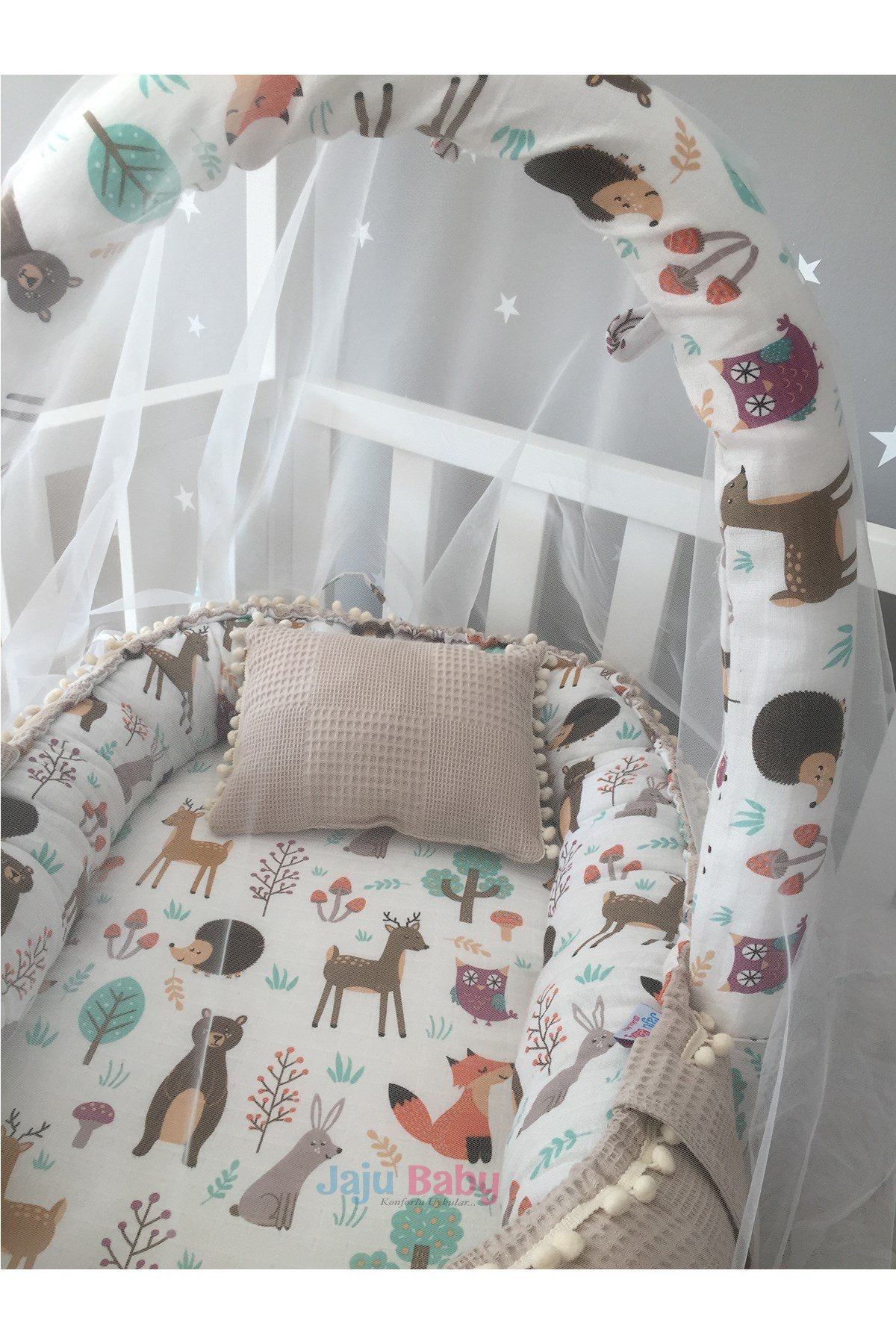 Jaju Baby Waffle Pike Kumaş ve Orman Müslin Kumaş Ponponlu Babynest Oyuncak Aparat ve Tül Set