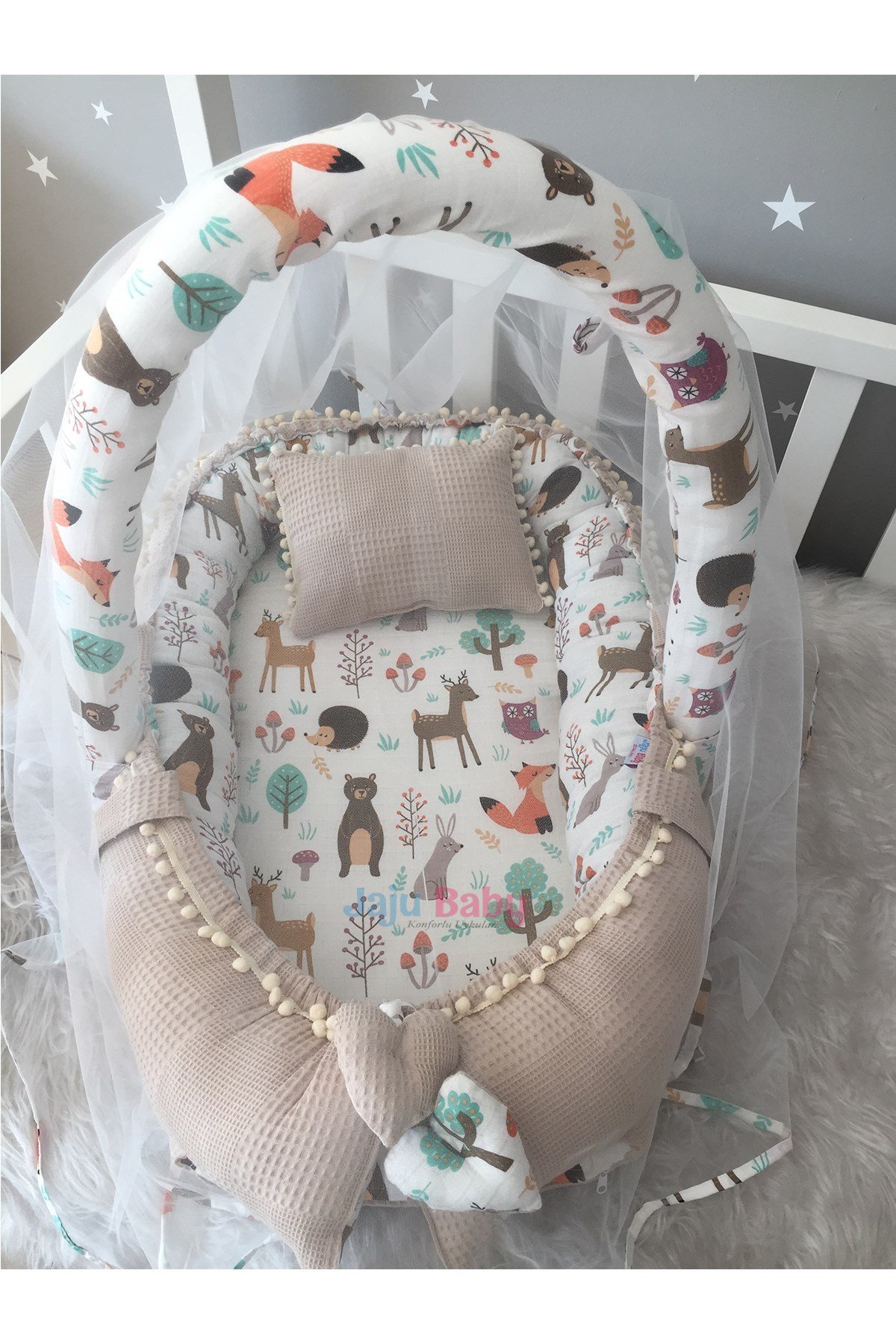 Jaju Baby Waffle Pike Kumaş ve Orman Müslin Kumaş Ponponlu Babynest Oyuncak Aparat ve Tül Set