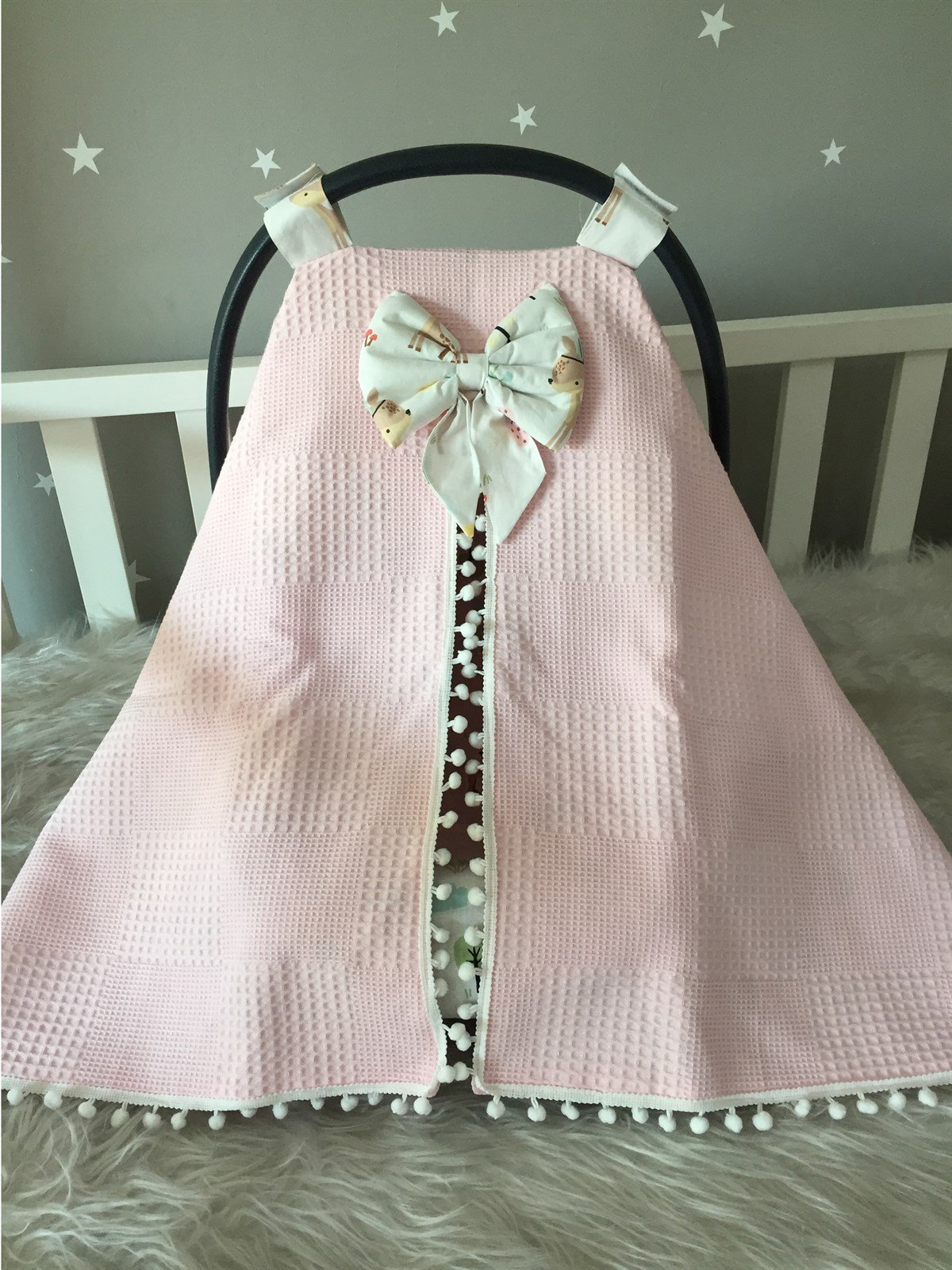 Jaju Baby Wafle Pudra Pike Kumaş Ceylan Desenli Ponponlu Puset Örtüsü ve Çarşafı