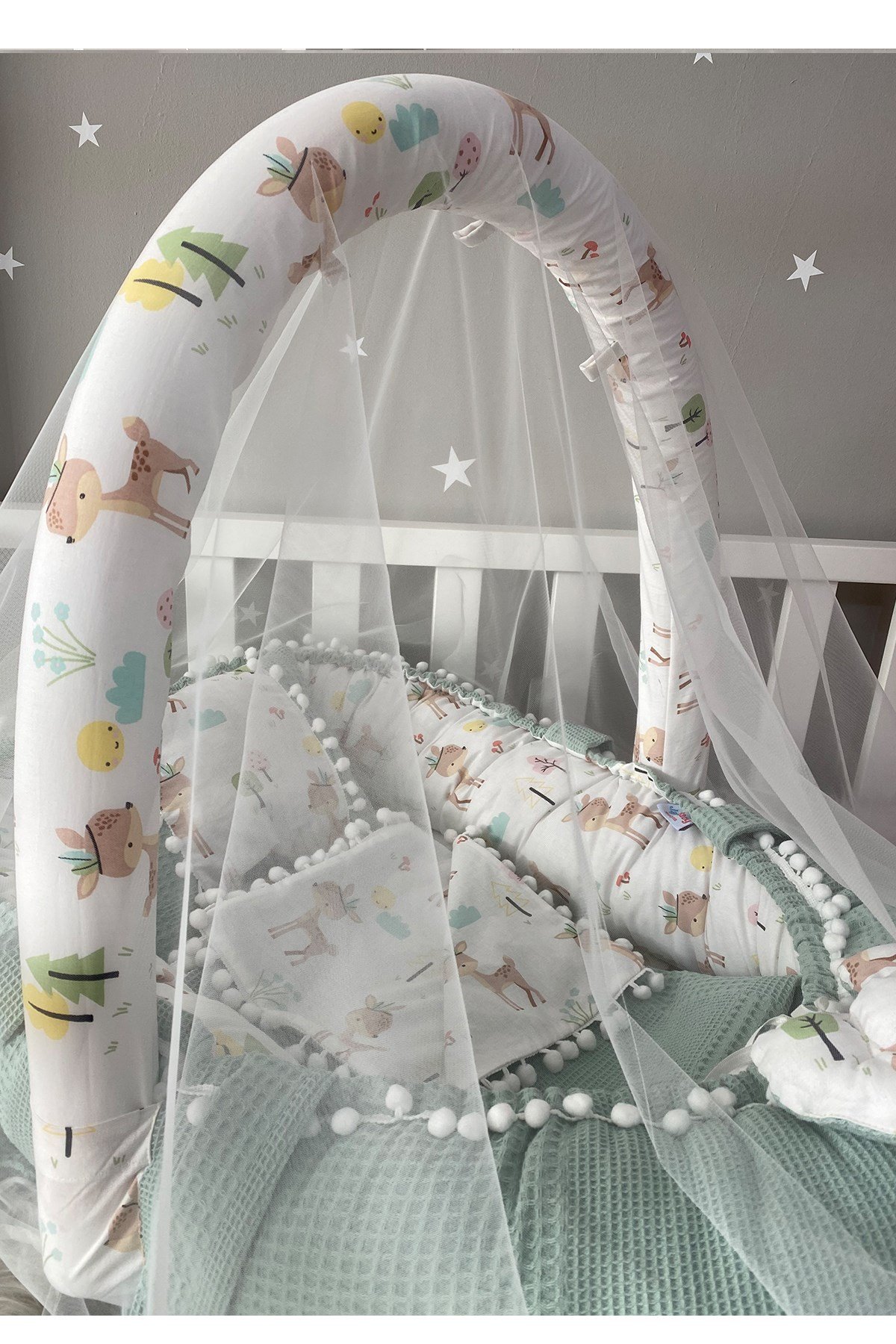 Jaju Baby Wafle Yeşil Pike Kumaş Poplin Kumaş Ponponlu Babynest ve Yorgan Oyuncak Aparat ve Tül Set
