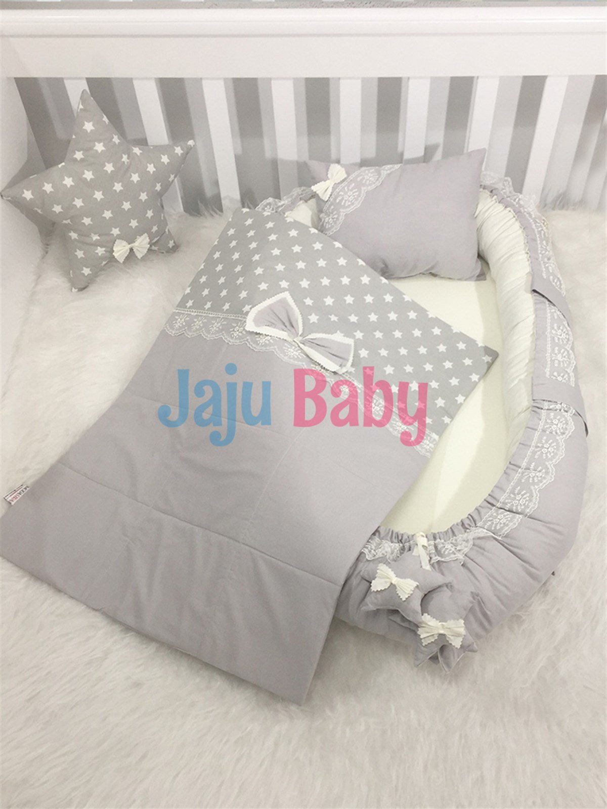 Jaju Babynest Gri Fiyonk Beyaz Lüx Ortopedik Baby Nest