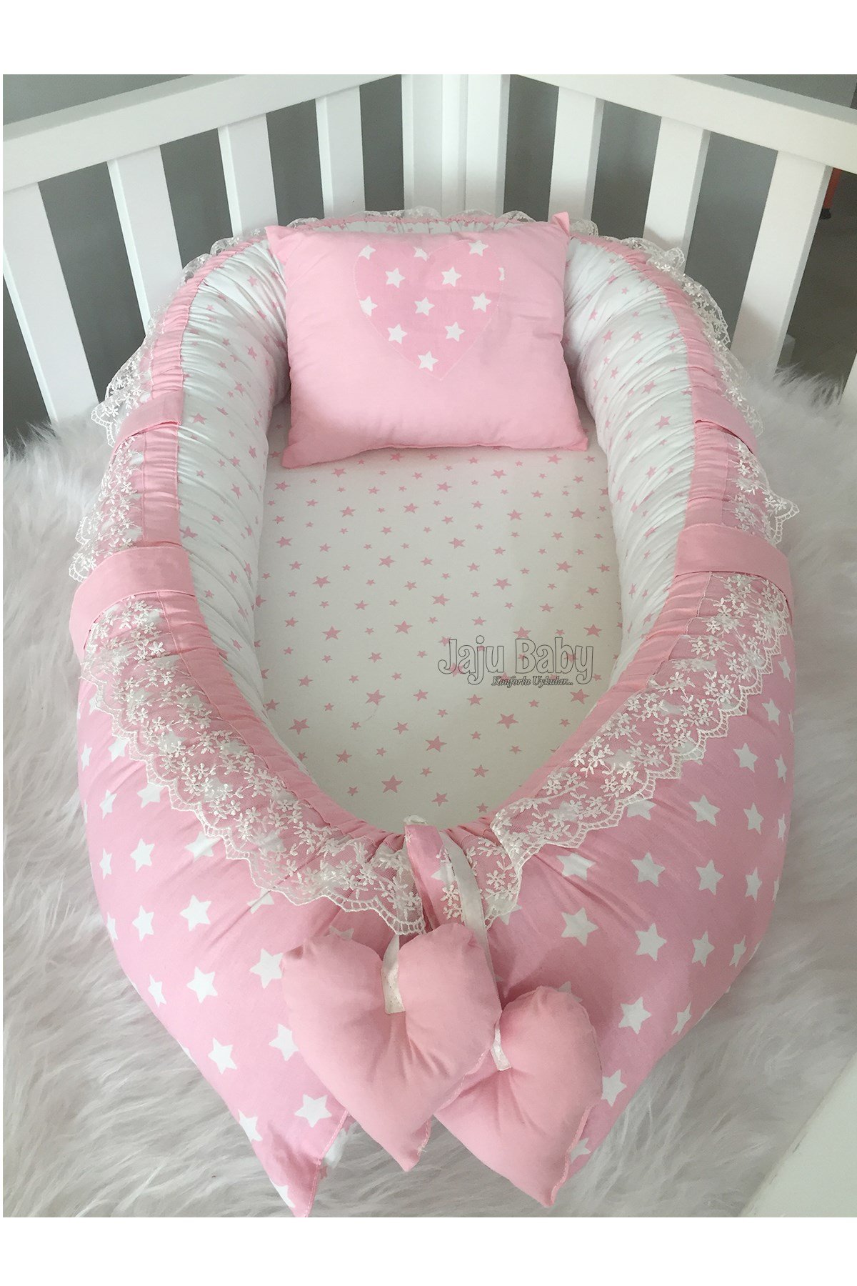 Jaju Babynest Pembe -Beyaz Yıldız Ortopedik Lüx Baby Nest