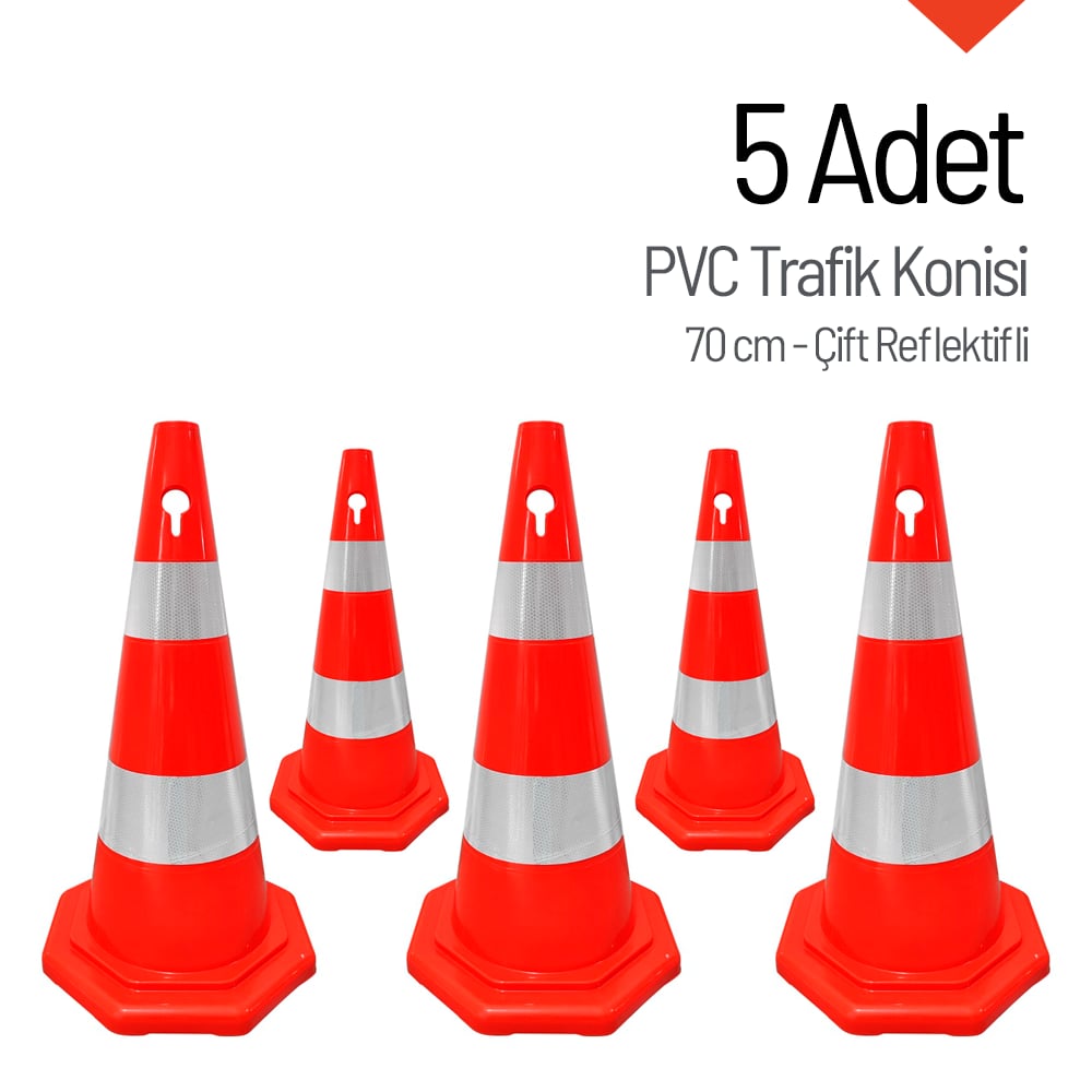 5'li PVC Trafik Konisi Seti 70 cm Çift Reflektifli Sekizgen Trafik DubasıTrafik Konisi PVC 75 cm