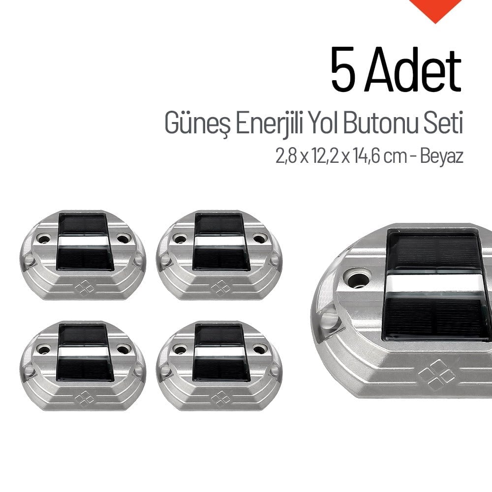 5'li Set Güneş Enerjili Yol Butonu Beyaz, Solar Çakar ButonSolar Yol Butonu