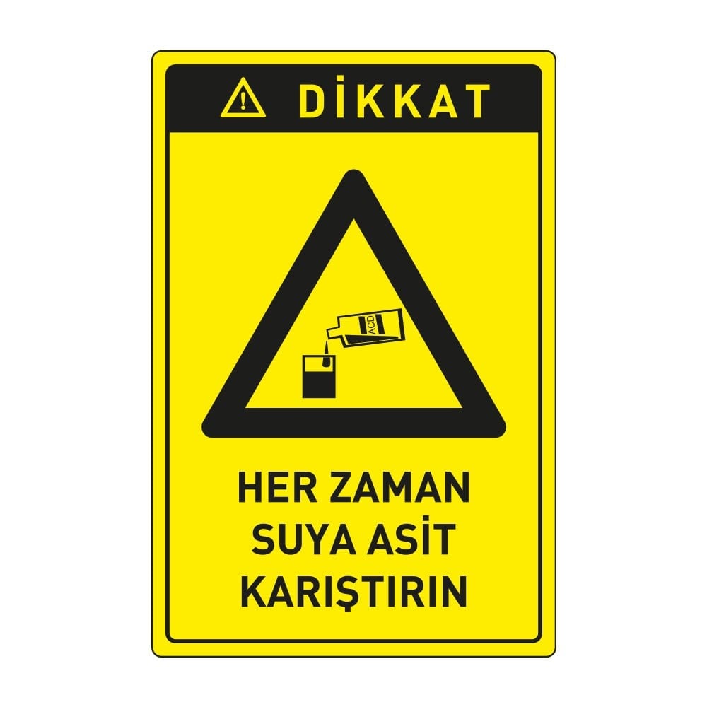 Dikkat Her Zaman Suya Asit Karıştırın Levhası