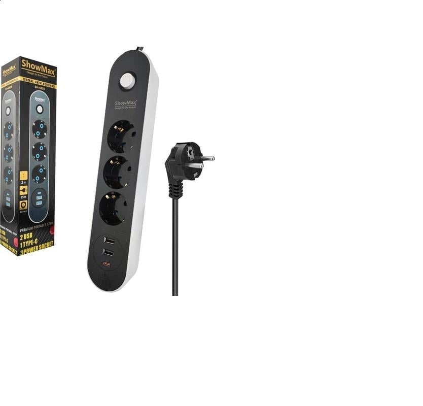 Showmax SH-4628 3lü Akım Korumalı Priz 2 Metre Anahtarlı 10A 2500 Watt 2xusb 1xtype-C