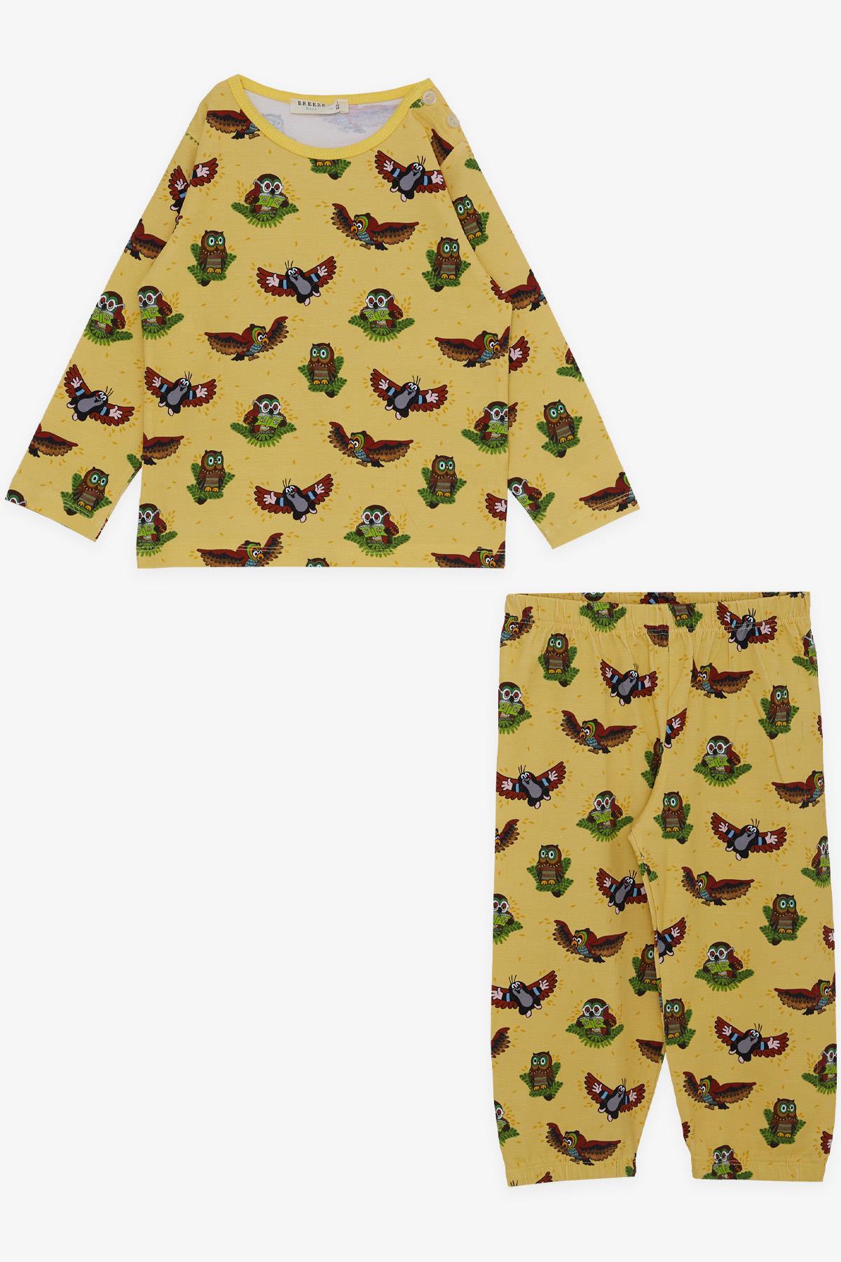 Erkek Çocuk Pijama Takımı Sevimli Baykuş Desenli Sarı (1-4 Yaş)