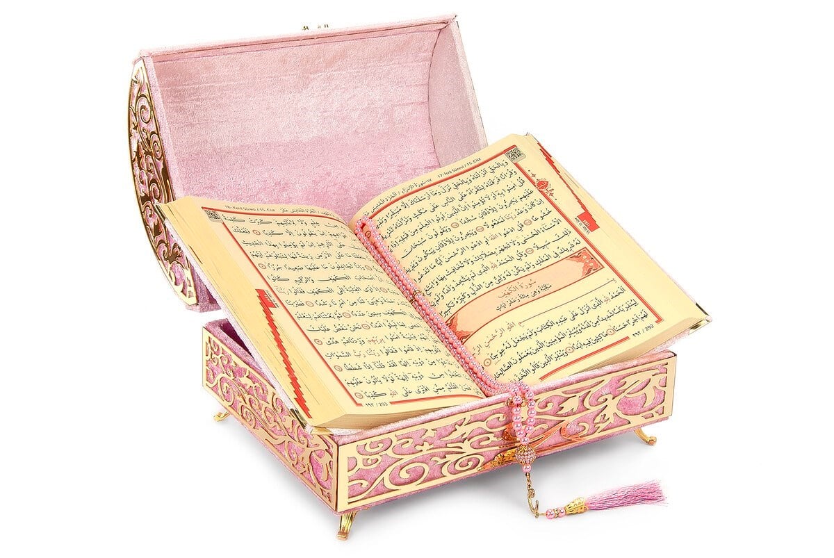 Kadife Kaplı Define Sandıklı Kişiye Özel Hediyelik Kuranı Kerim Seti Pembe
